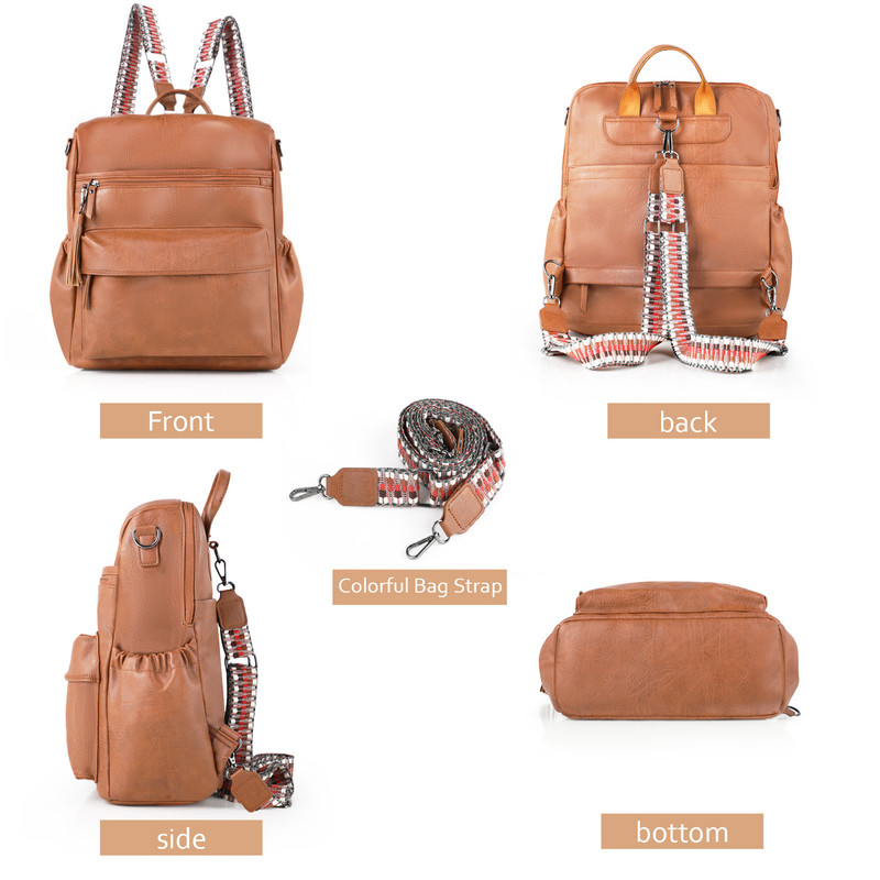 Coffee Fashionable Large-Capacity Women's Backpack - Waterproof, Durable, High-Quality PU Leather - Travel Backpack - Vintage-Style PU Leather Backpack — image 6