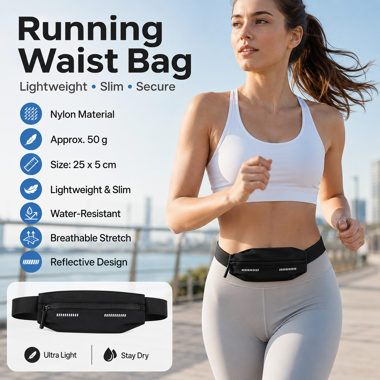 Black Running Waist Belt - High Stretch Nylon Sports Fanny Pack with Reflective Strips, Lightweight Waterproof Phone Holder for Gym, Jogging and Outdoor