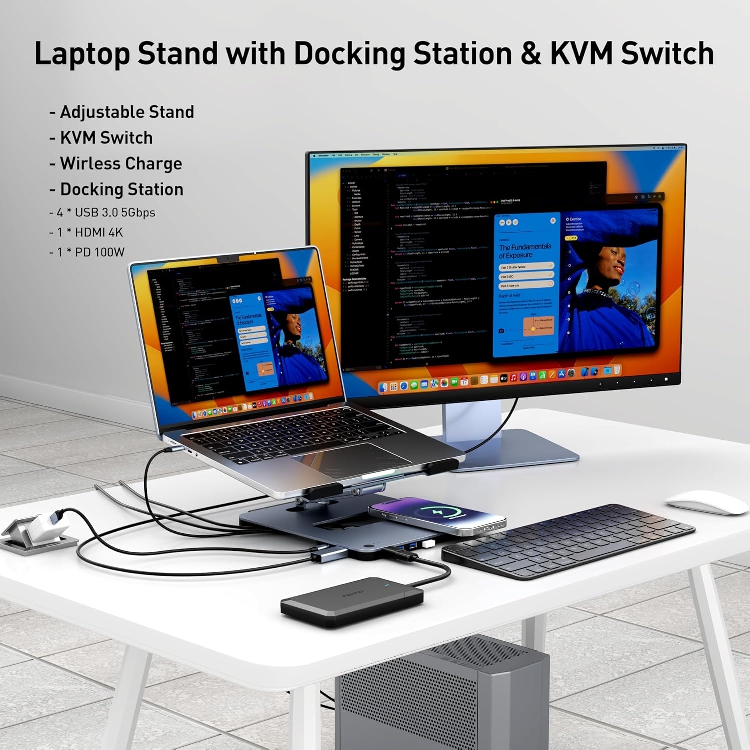 BENFEI 000366GY Laptop Stand with USB C Hub, Multi Function With USB and KVM Switch and 15W Wireless Charger โ image 2