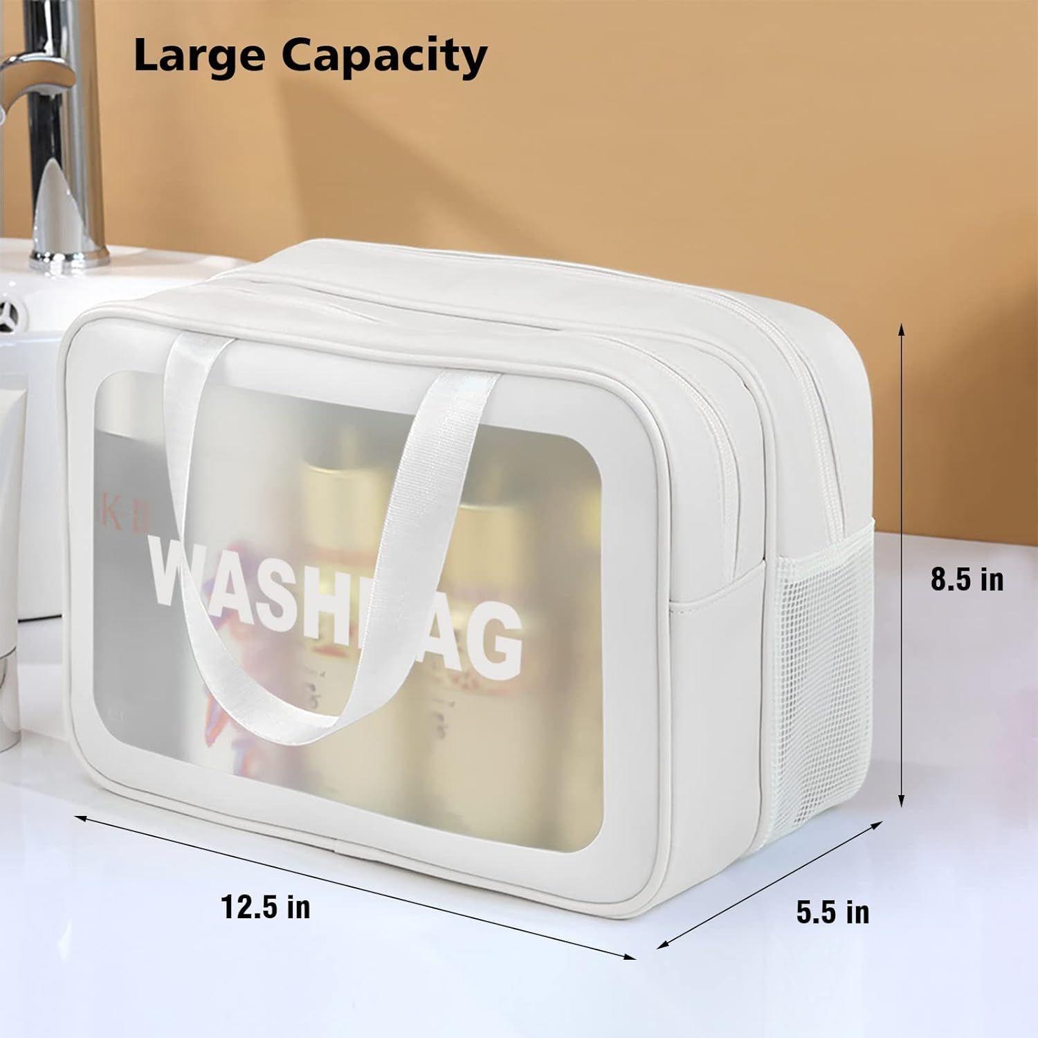 Large Capacity Travel Toiletry Bag with Dual Compartments, Waterproof PVC Cosmetic Organizer for Gym & Business Trips (White) — image 4