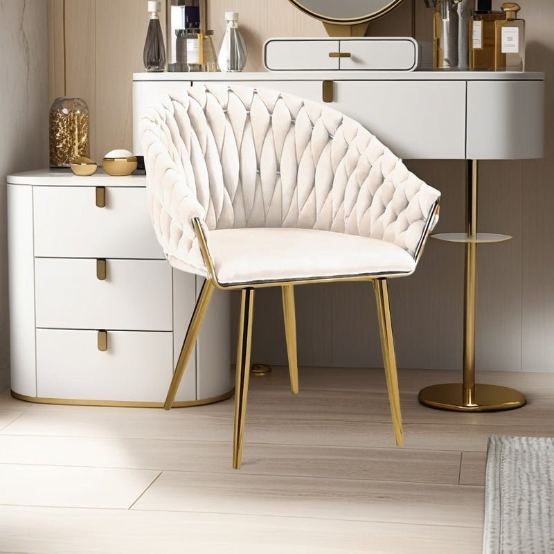 SERENITà Ivory Modern Velvet Dining Chairs, Upholstered Living Room Chair with Woven Back and Golden Metal Legs, Mid-Century Accent Set of 2(Ivory) — image 2