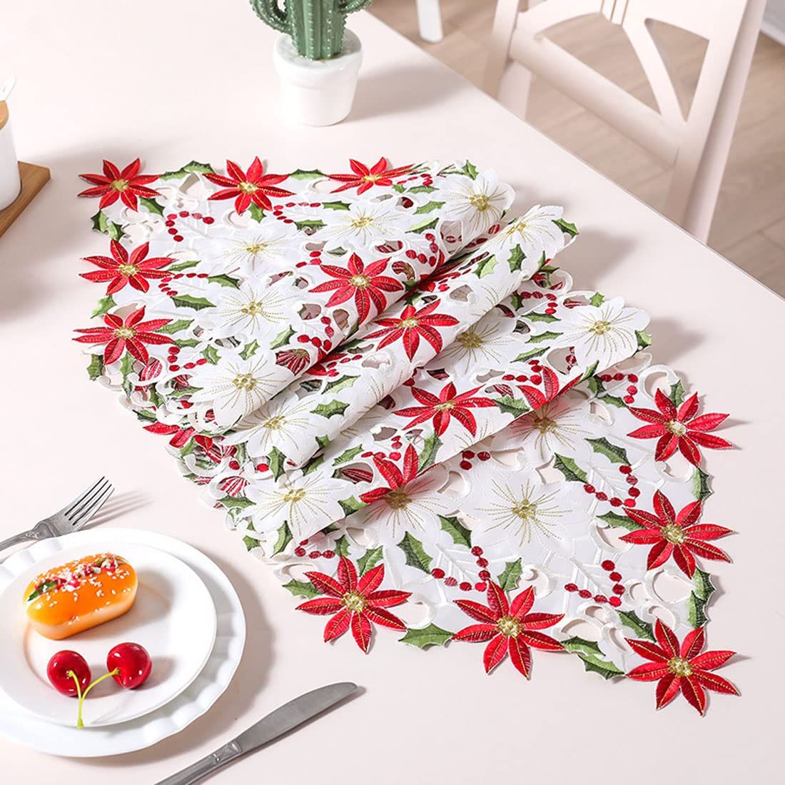 OurWarm Christmas Embroidered Table Poinsettia Holly Leaf Table Linens for Christmas Decorations-15" X 69" — image 4