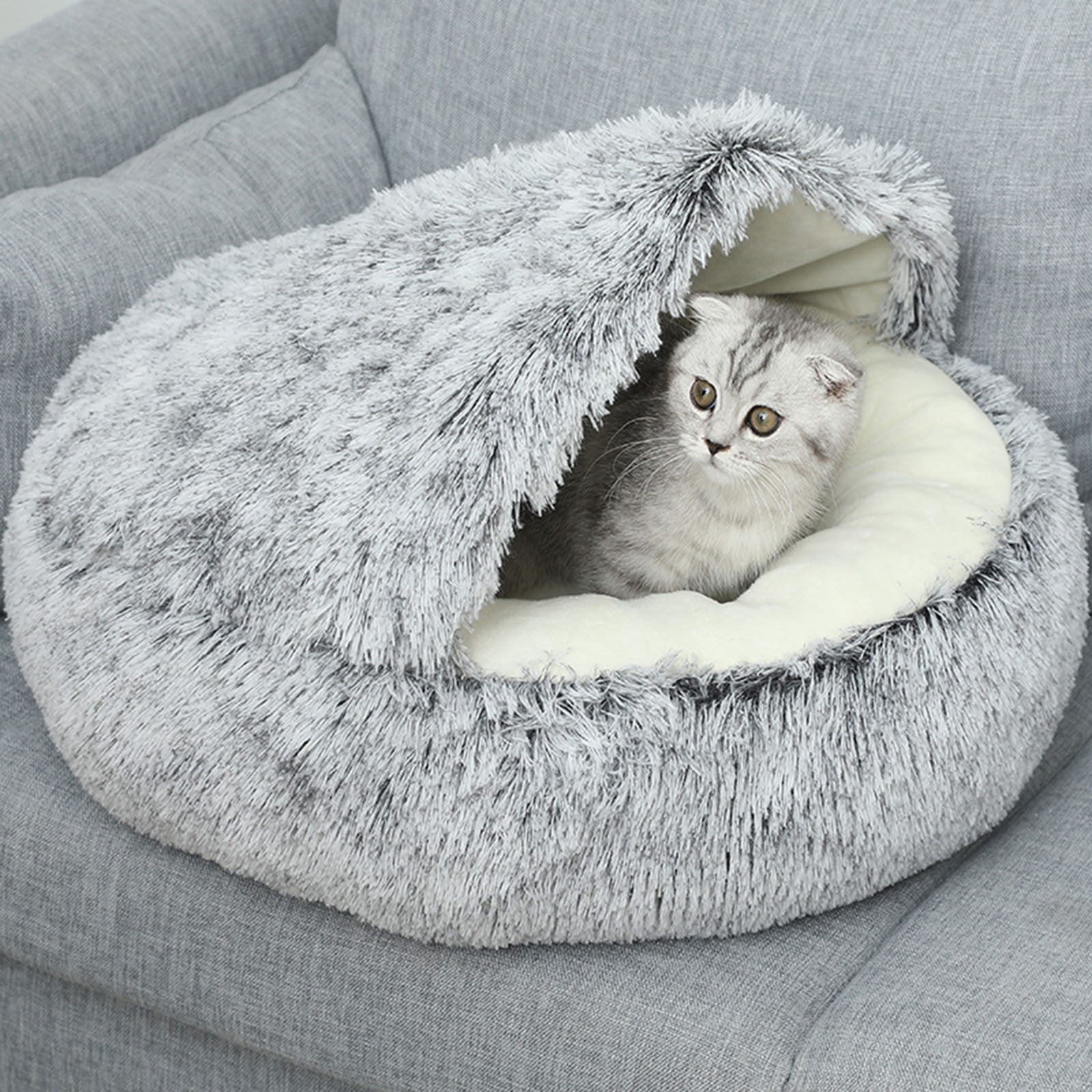 Calming Dog Beds & Cat Cave Bed with Hooded Cover, Removable Washable Round Beds for Small Medium Pets, Anti-Slip Plush Coved Bed for Pet (20"x20") L β image 6
