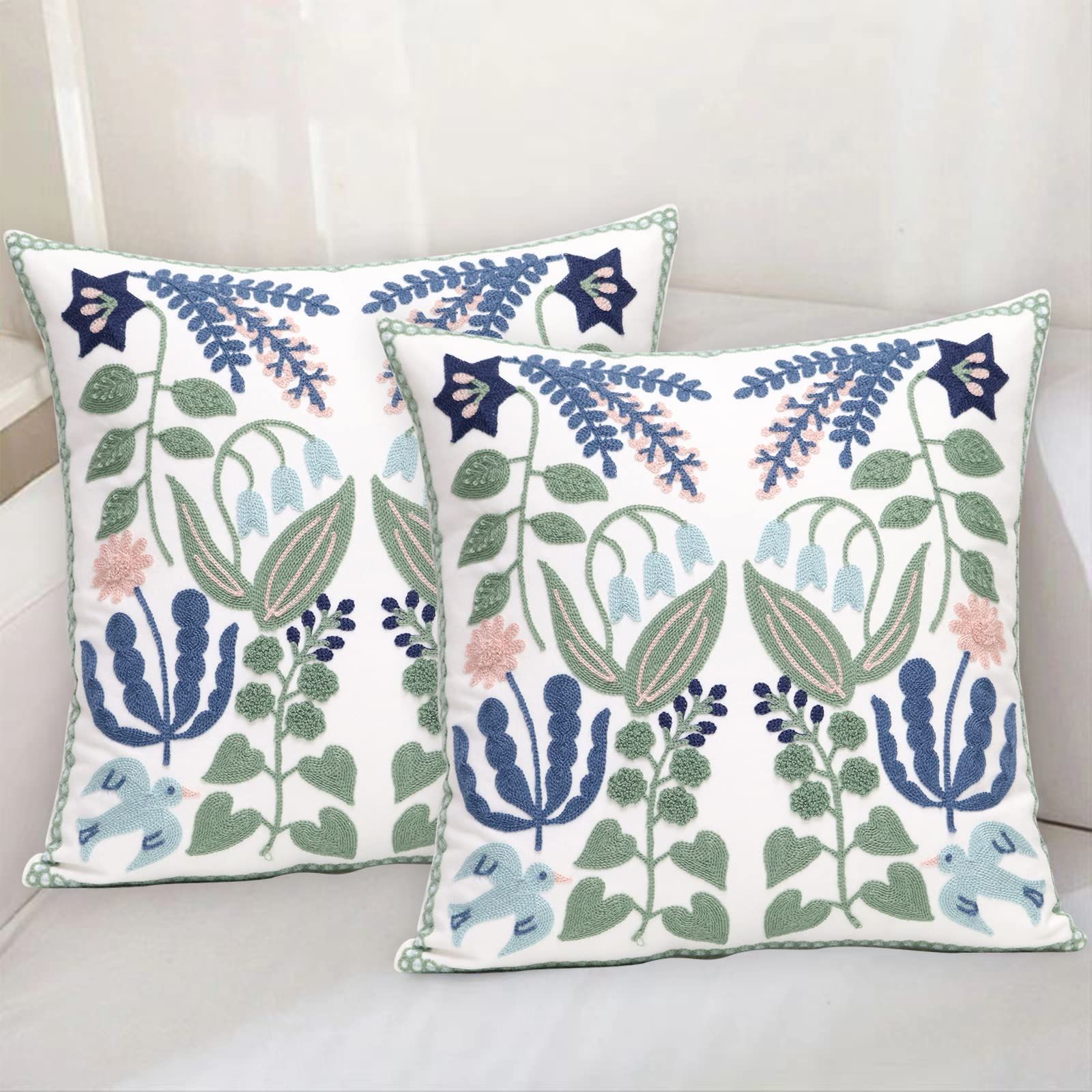 Pack of 2 Embroidered Decorative Throw Pillow Cover 18x18 Inch Farmhouse Floral Pillowcase for Living Room Sofa Bed (Bird Flower) — image 2