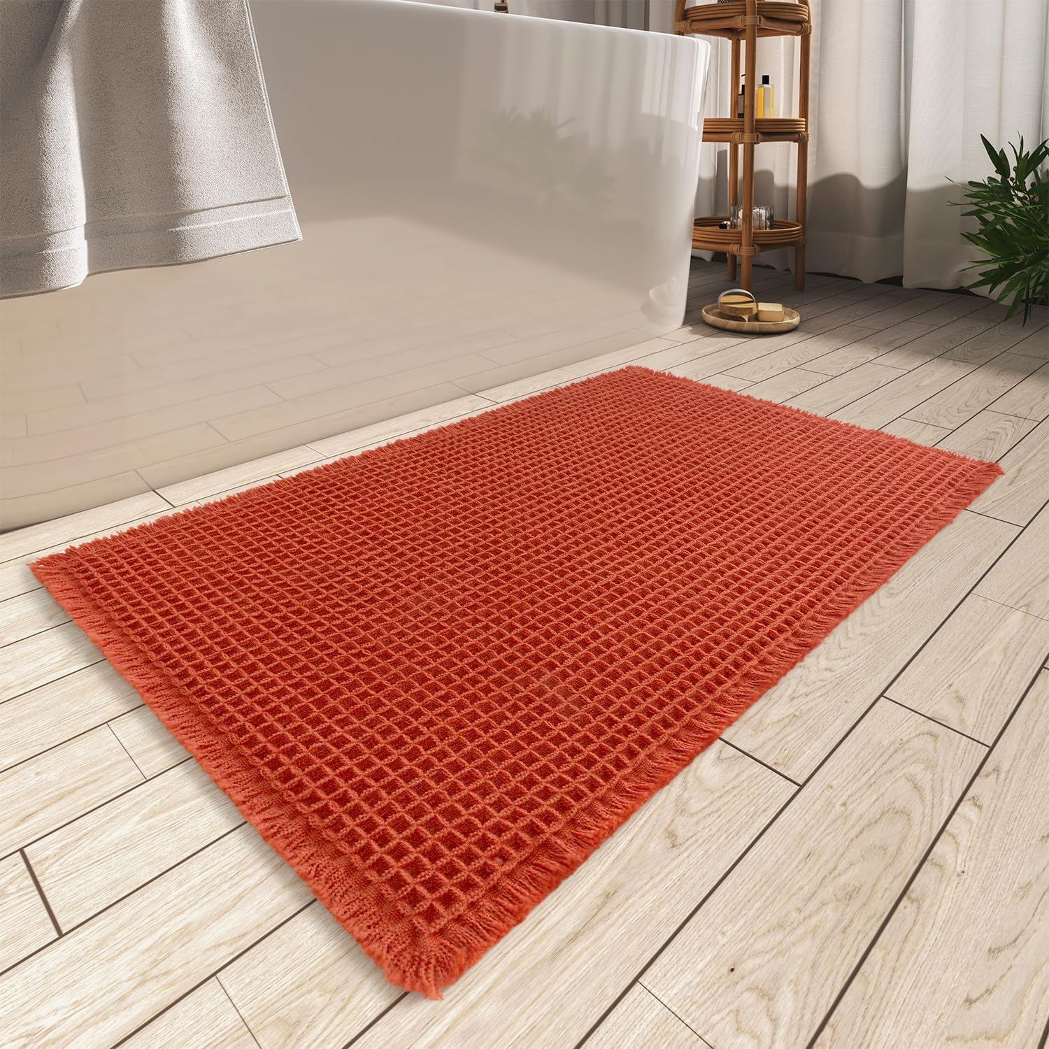 Upgraded Waffle Bath Mat, Super Absorbent Non Slip Mats for Bathroom Floor, Machine Washable Rugs with Tassels, Rubber Backed Mats, Ultra Soft, 20" x 32"