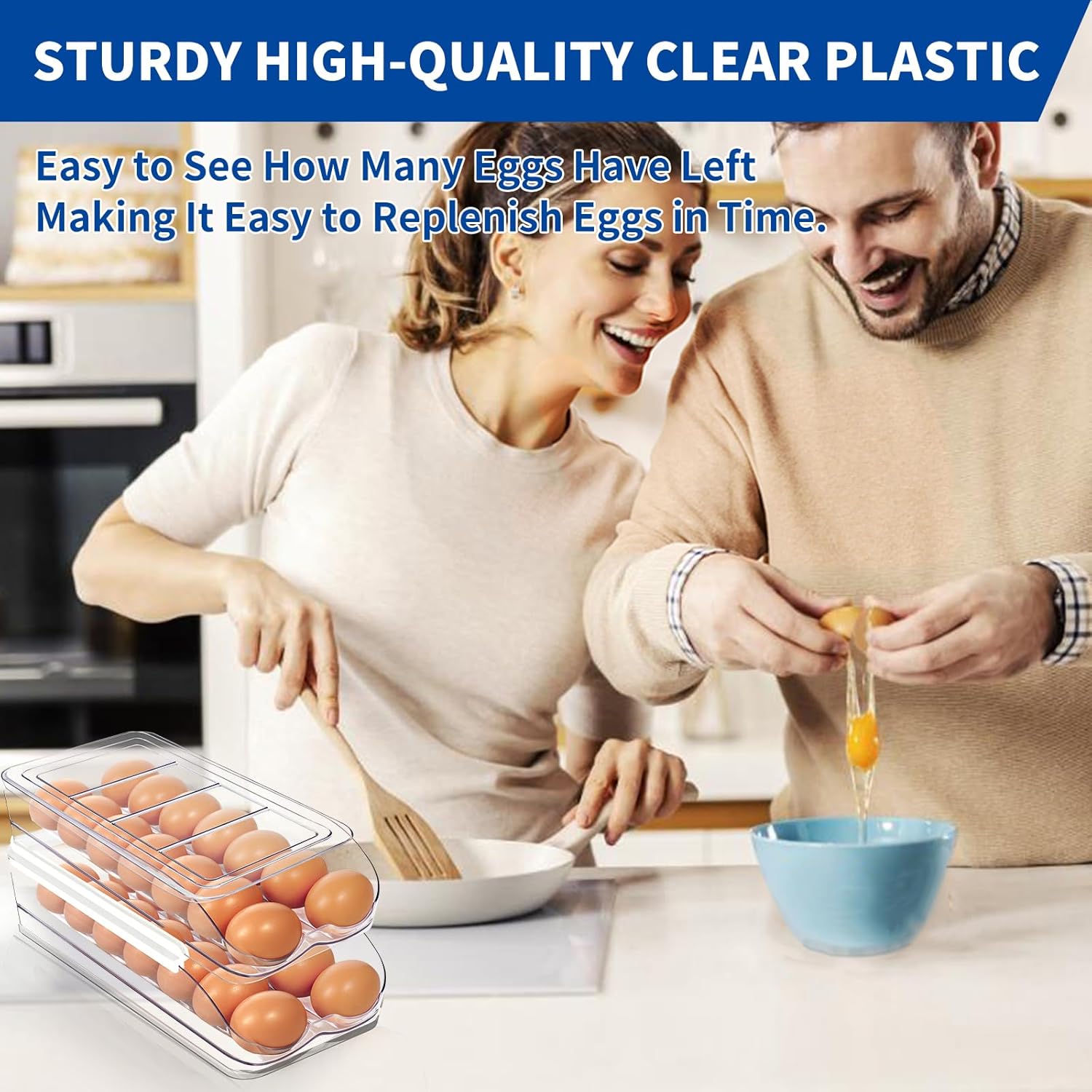 Egg Holder for Fridge, Automatic Rolling Egg Organizer for Refrigerator, Clear Plastic Egg Container & Tray, Stackable Dispenser and Storage Bin with Sturdy — image 5