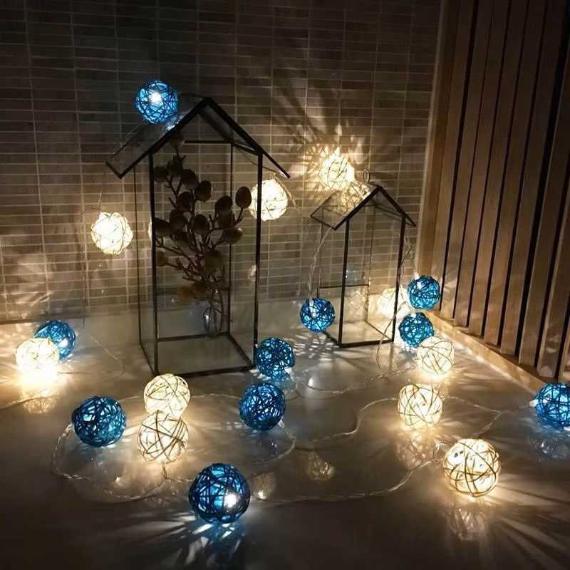 1 Set of Blue n White 5cm Rattan Cane 20 Ball Battery Powered 3m String Lights Christmas Gift Home Wedding Party Bedroom Decoration Table Centrepiece — image 6
