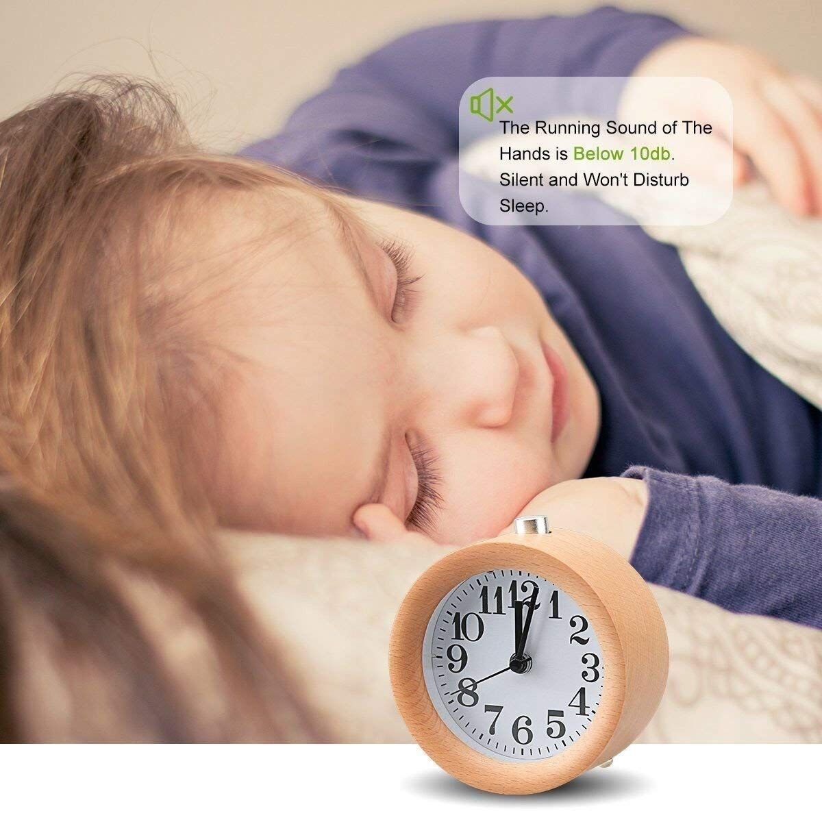 Wood Analog Alarm Clock - Round Battery-Operated Non-Ticking Clock with Snooze Button and Light - Light Brown — image 2