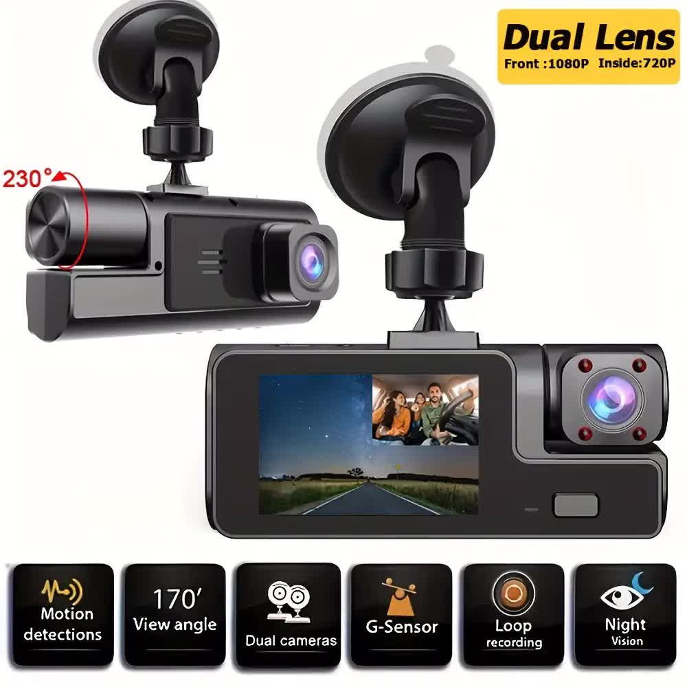 Car recorder with dual recording function | Front and rear cameras | Front camera 1080P & Internal camera 720P, 170ยฐ wide-angle, night vision function, small