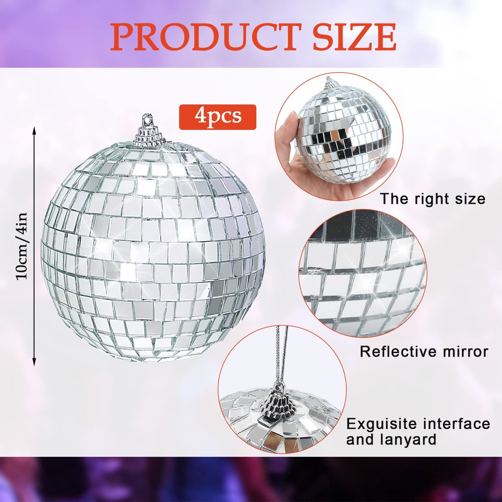 Sliver Disco Ball 4" Inch 4-Pack Reflective Mirror Ball Ornaments Hanging Disco Ball with Attached String for Ring Disco Ball — image 2