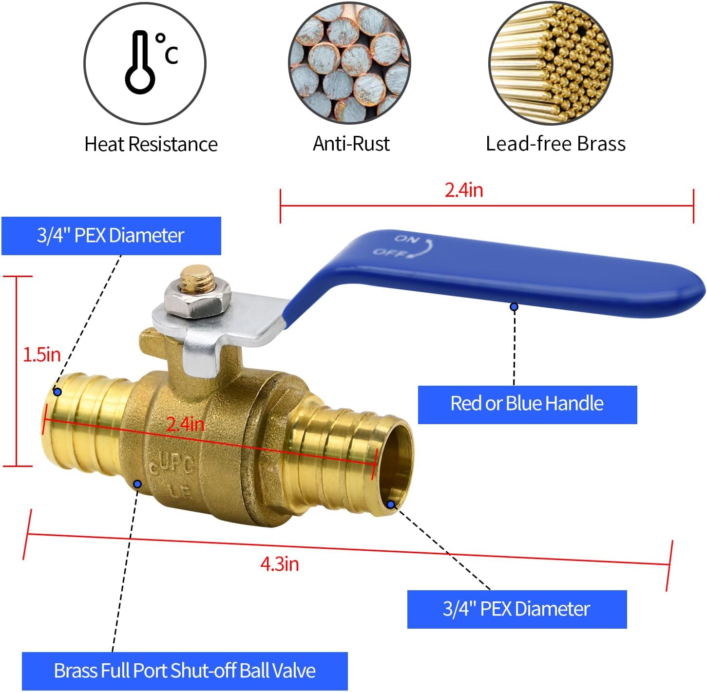 10pcs PEX Ball Valves, 3/4" PEX Brass Full Port Shut Off Ball Valve, Full Port Shut-off Ball Valve, Quarter Turn HOT (RED) COLD (BLUE) of Water Stop Shut off — image 2