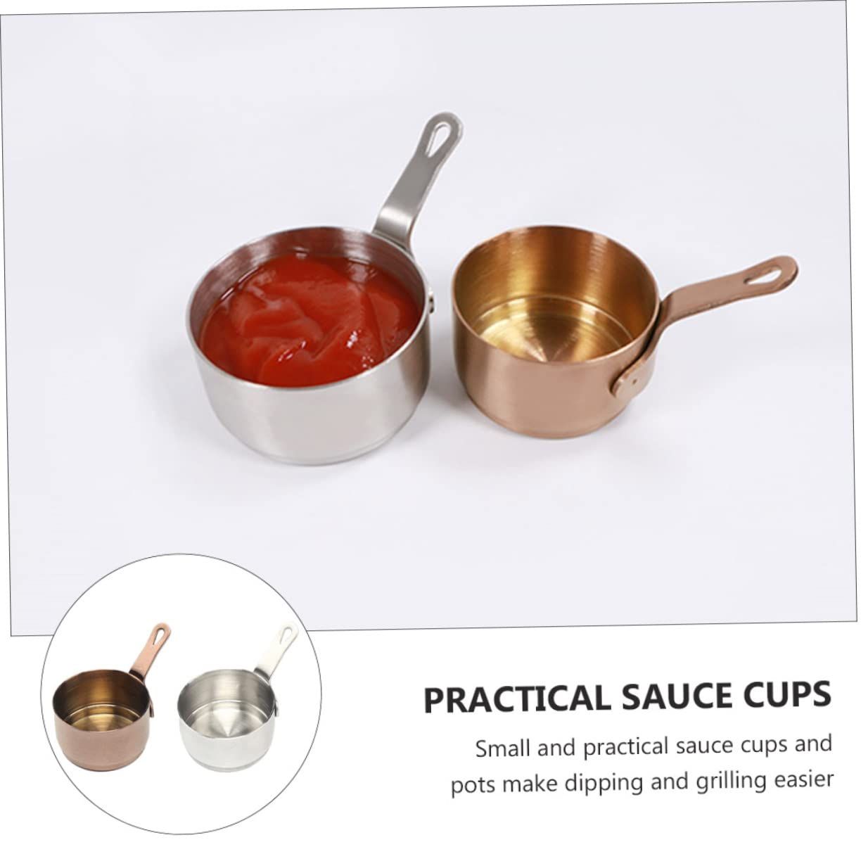 2pcs Stainless Steel Sauce Pan Condiment Cups with Lids Soy Dishes Drizzle Spoon Ketchup Side Dish Measuring Pot Small Pan — image 3