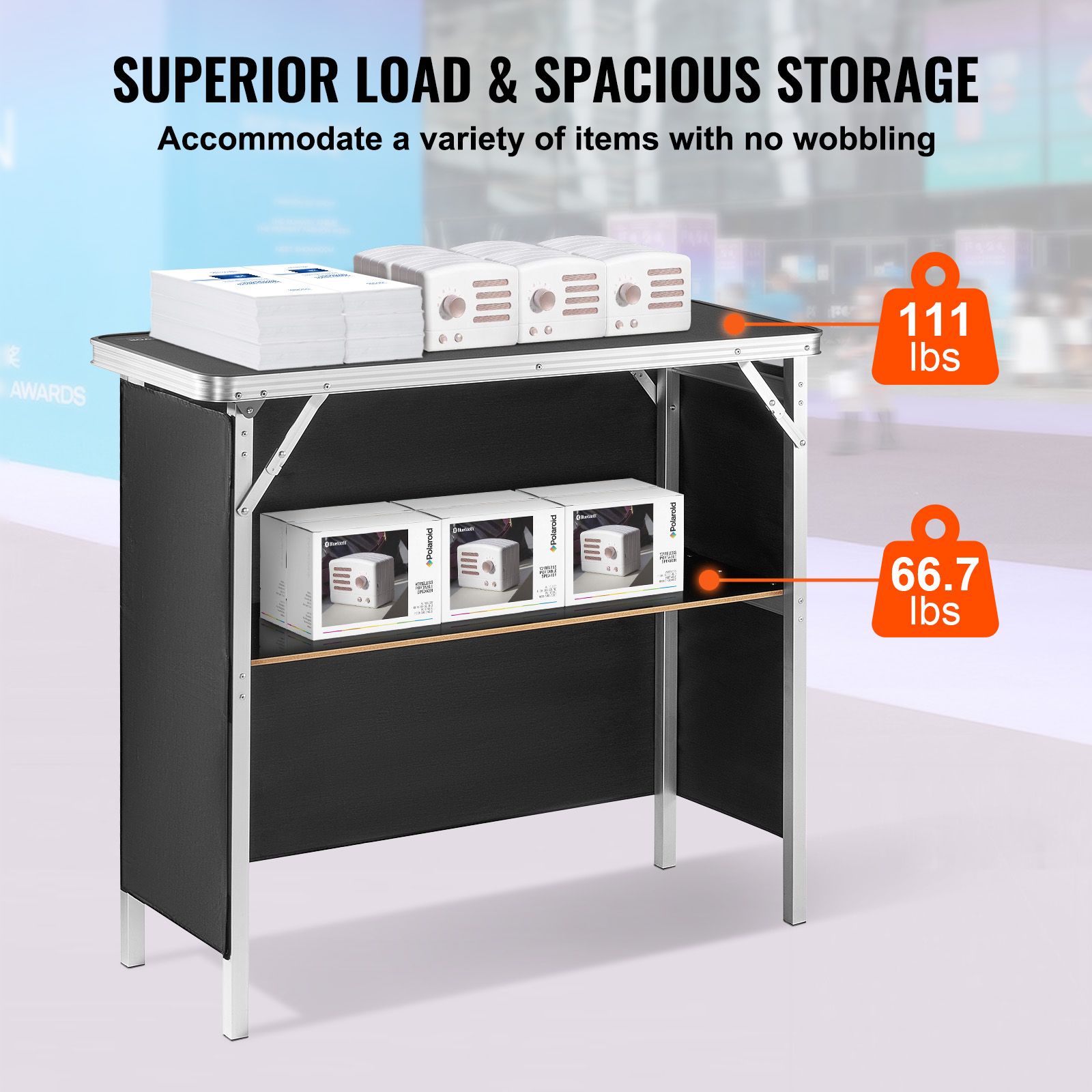 Folding Portable Bar Table, Tradeshow Podium Table for Indoor, Outdoor, Party, Picnic, Exhibition, Includes Carrying Case, Storage Shelf and Black Skirt โ image 3
