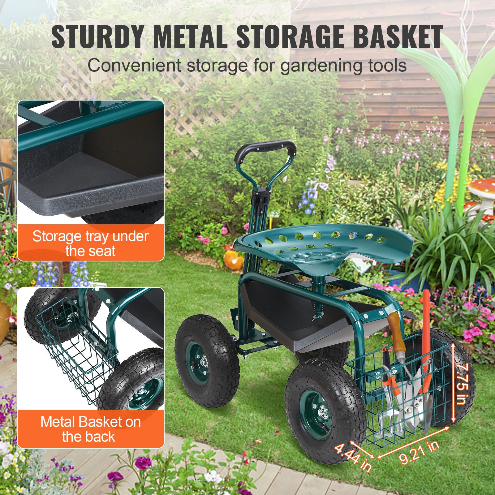 Garden Cart Rolling Workseat with Wheels, Gardening Stool for Planting, 360 Degree Swivel Seat, Wagon Scooter with Steering Handle & Utility Tool Tray, Use for — image 5