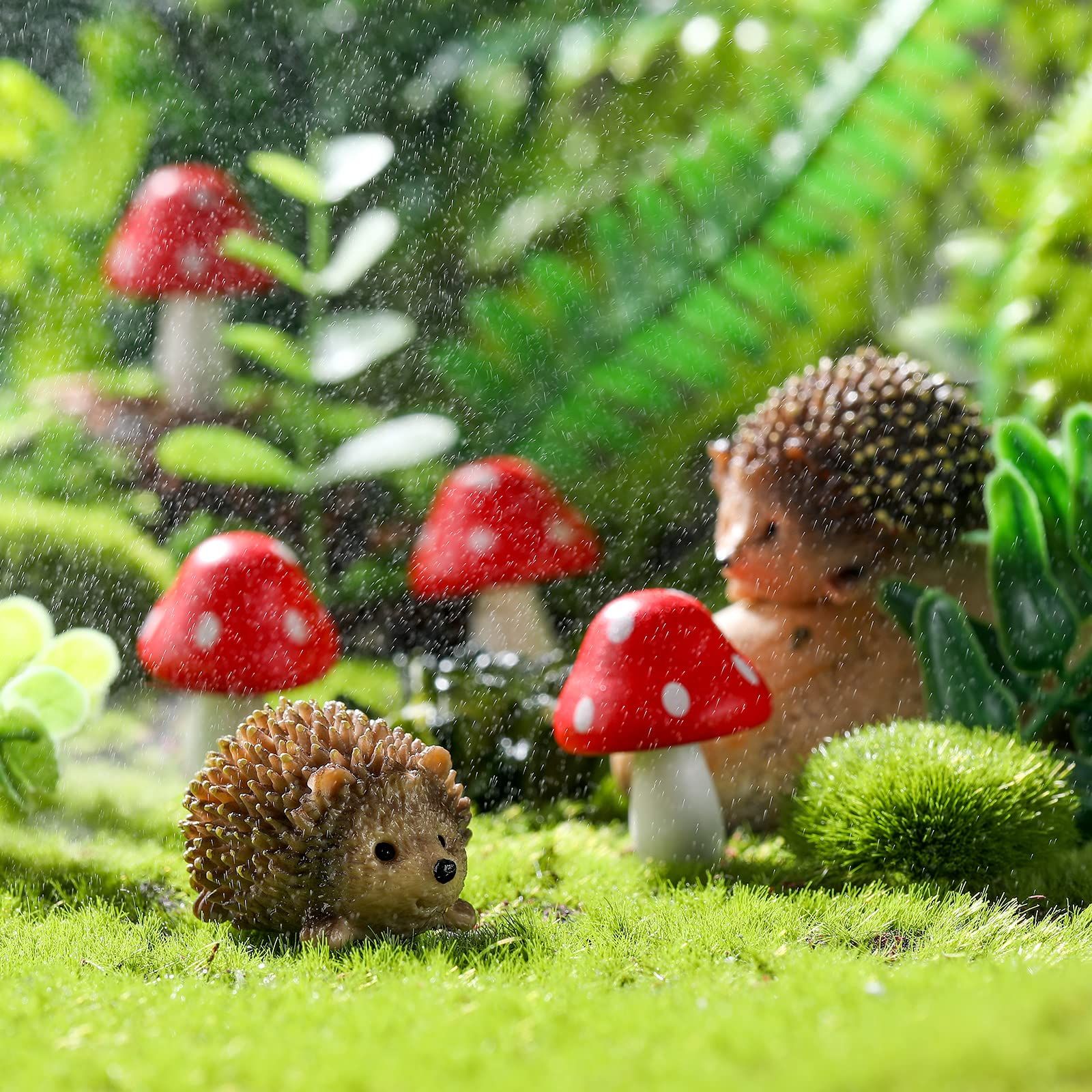 Resin Hedgehogs & Wood Mushroom Sculpture, Fairy Wild Garden Supplies, 6 Pieces, Red, Handmade Decor โ image 4