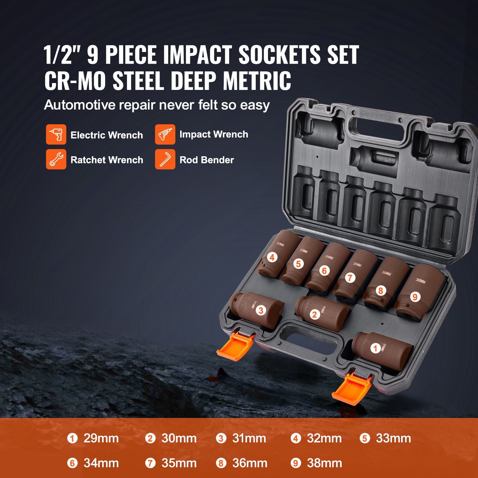 Impact Sockets Set 9pcs 6-Point 1/2in Metric Drive Bit Ratchet Tool Kit โ image 3