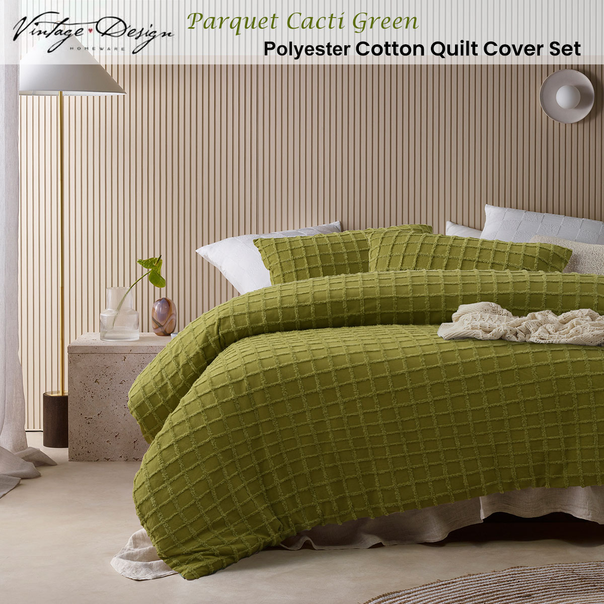 Vintage Design Homewares Parquet Cacti Green Polyester Cotton Quilt Cover Set King โ image 2