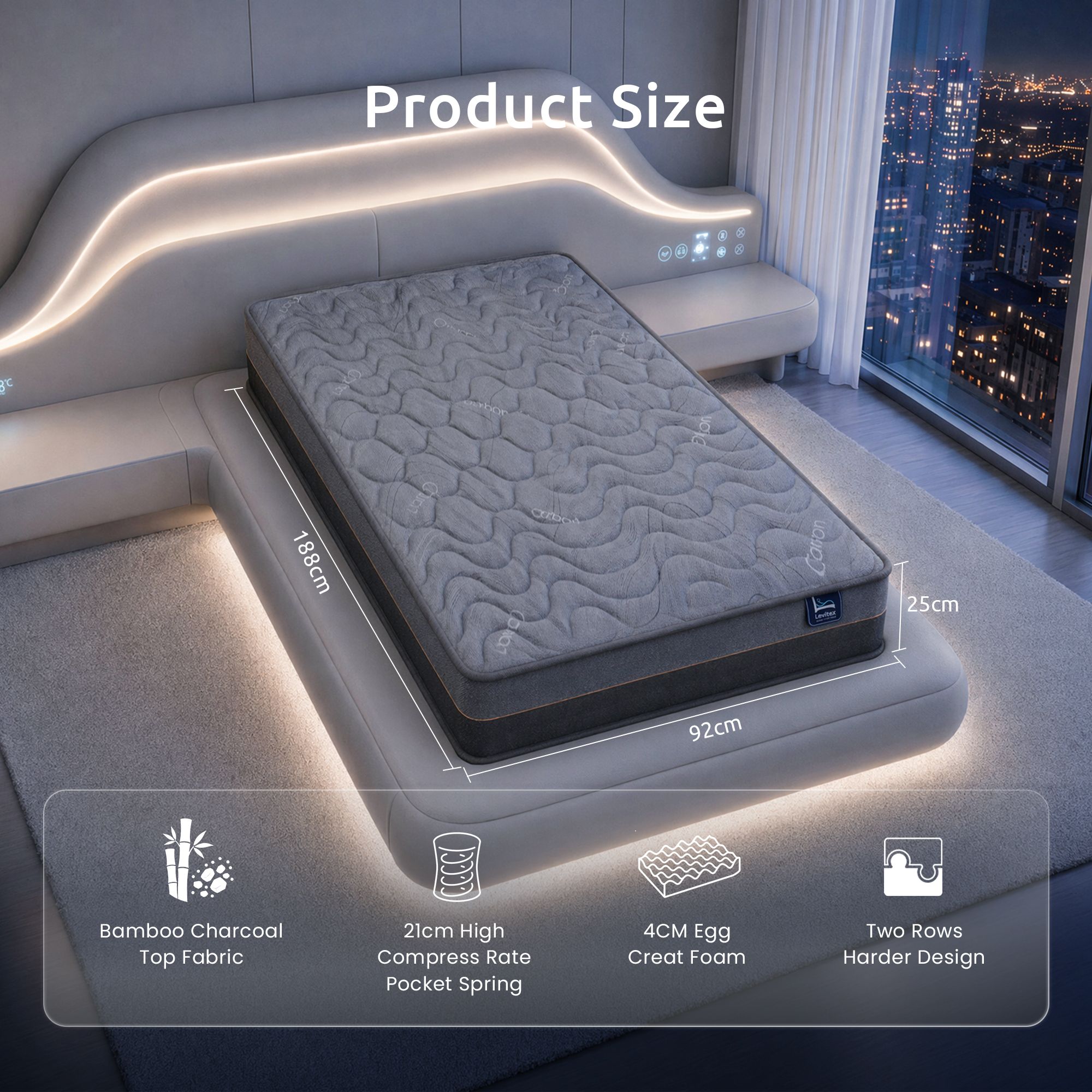 Levitex Single Mattress 25 cm Hybrid Pocket Spring with 4cm Egg Crate Foam for Deep Sleep Bamboo Charcoal Fabric — image 3