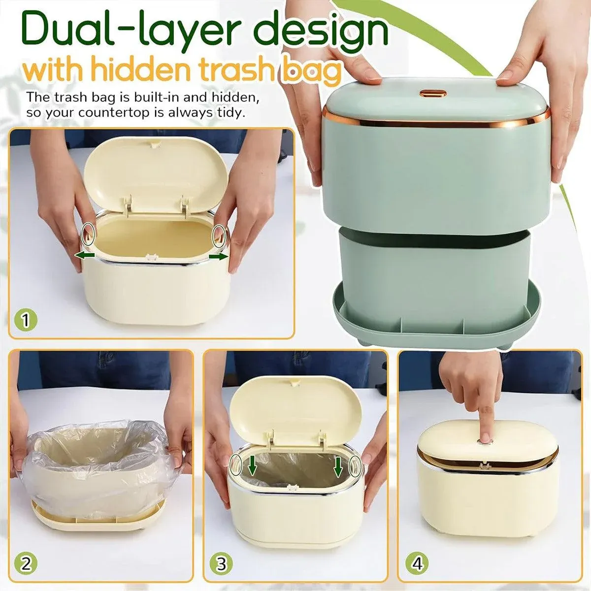 Small Desktop Trash Can Oval Pop Up Lid Rubbish Bin Waste Organizer Container - Green — image 6
