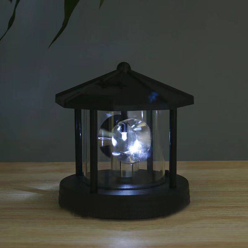 LED Solar Powered Lighthouse,360 Degree Rotating Lamp Waterproof Statue Rotating Lights for Garden Yard Outdoor Décor, Black — image 2