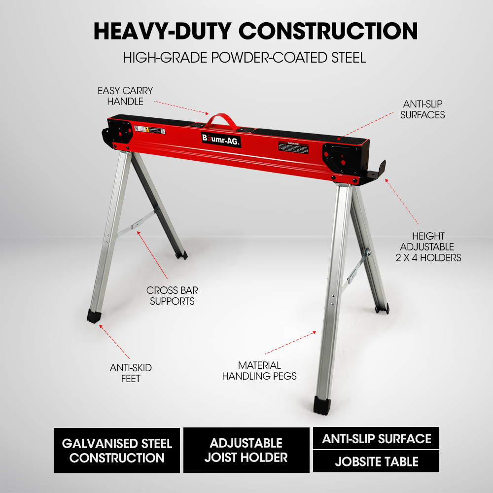 Baumr-AG 2 x Steel Saw Horse, 1000kg Capacity Folding Adjustable Sawhorses, 2x4 Support Arms โ image 3