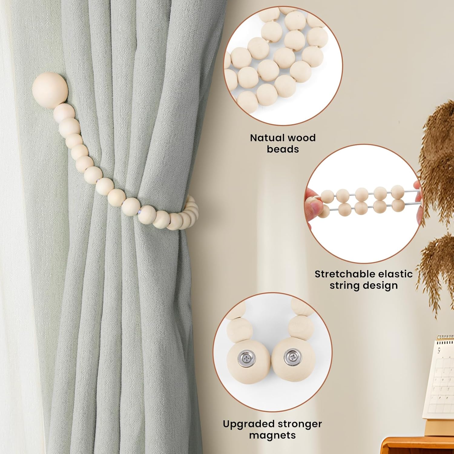 Magnetic Curtain Tiebacks, Curtain Holdbacks for Curtains 2 Pack, Wood Bead Curtain Holders for Boho Bedroom Decor, Baby Nursery Decor, Farmhouse Decor — image 5