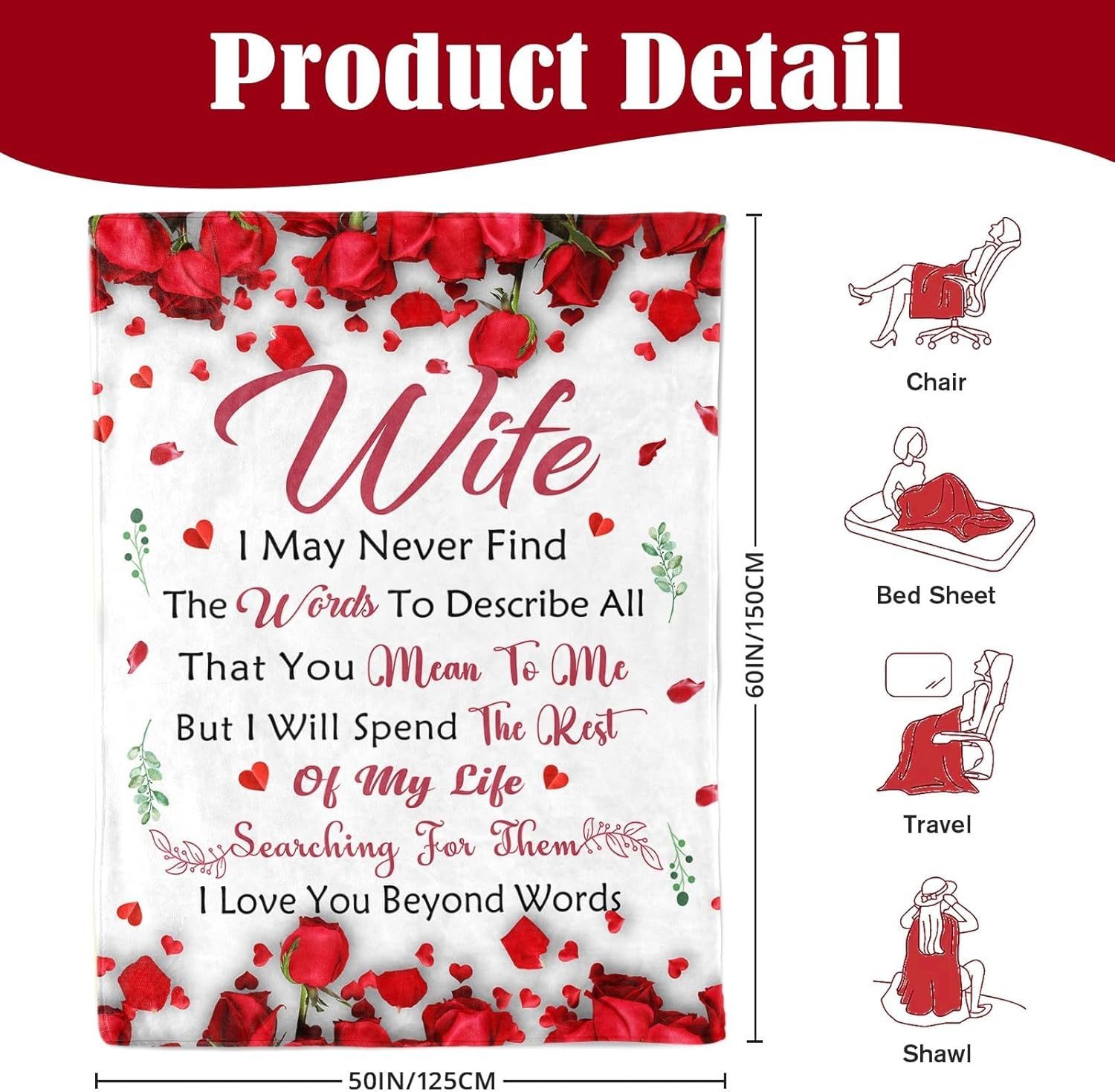 Romantic Rose Print Fleece Blanket for Wife, Soft Cozy Throw for Valentine’s Day Anniversary Christmas Gift, Warm Snuggle Blanket with Love Message (50”*60”) — image 5