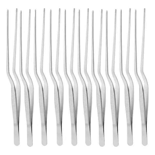 10 Pack Stainless Steel BBQ Food Tongs, Slim Serving Tweezers for Grilling, Cooking, Buffets and Food Preparation, Silver, 20 cm
