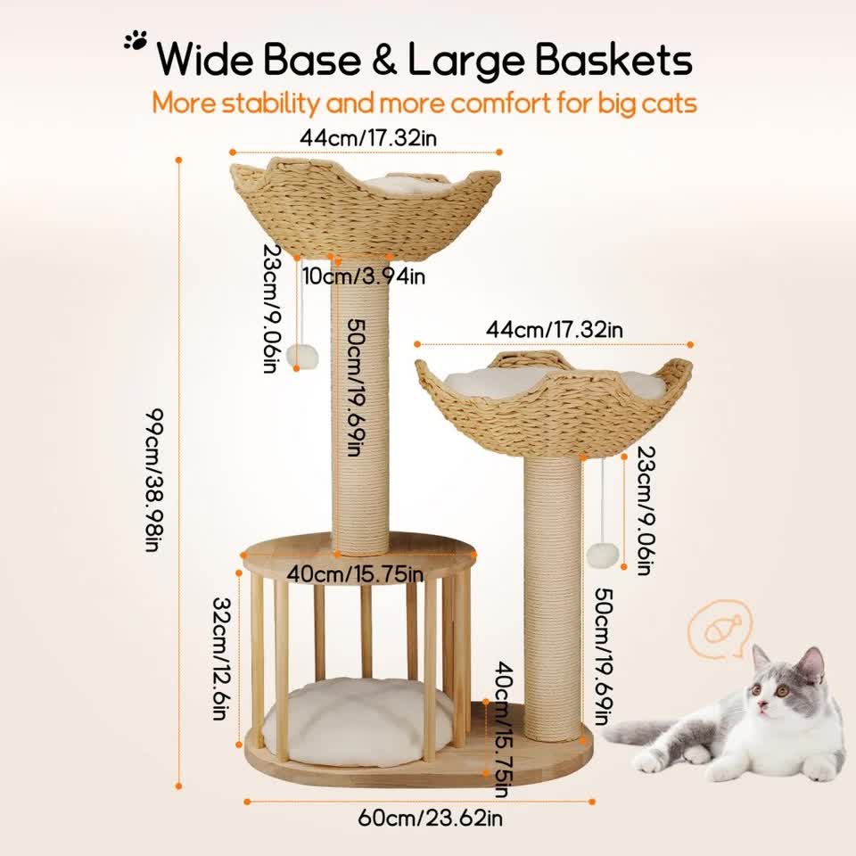 P&P Natural Wood White 3-Tier Cat Tower with Scratching Post, Condo and Plush Baskets — image 4