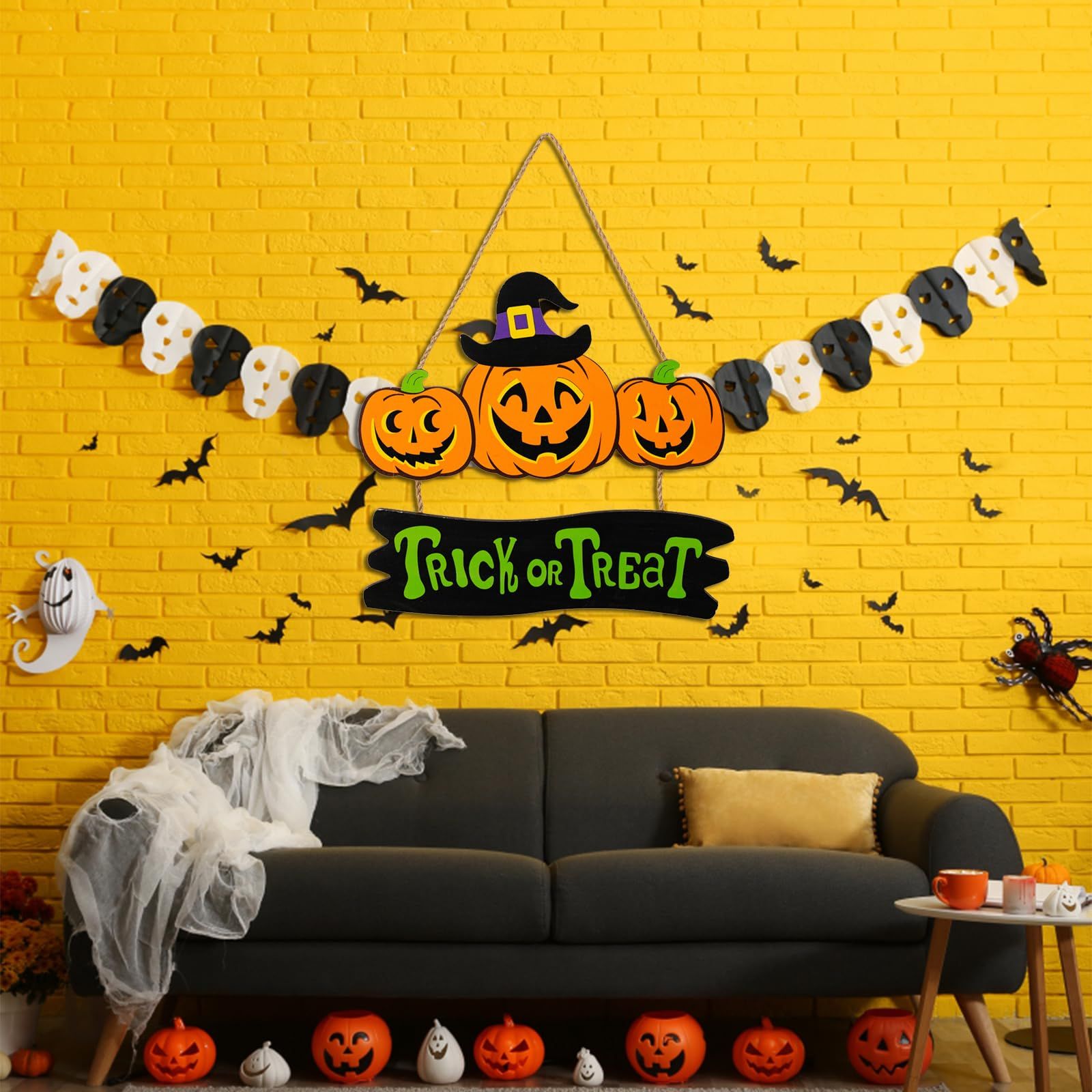 Halloween Wood Hanging Sign Trick or Treat Hanging Sign the Witch is In Hanging Sign Pumpkin Ghost Sign Halloween (Pumpkin) — image 2