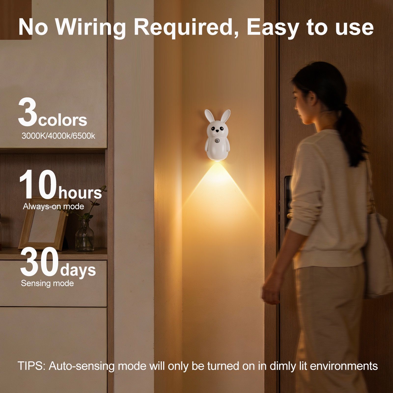 Adorable bunny-shaped motion sensor wall light with magnetic mounting, flicker-free LED, and three color temperatures—perfect for bedrooms, hallways, and — image 3