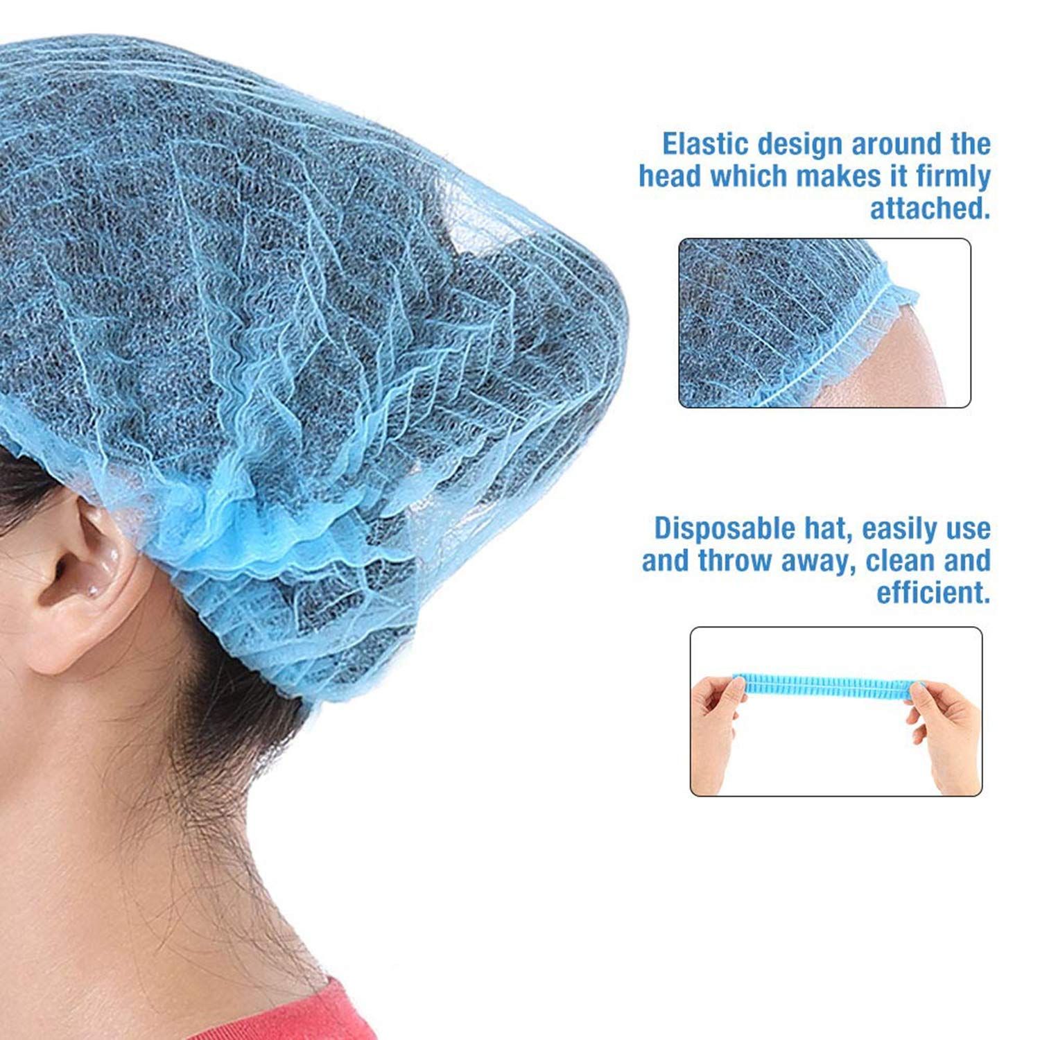 100 Pieces Disposable Non-Woven Clip caps hairnets Head Cover, 21"Chef Hat Strip Hat Thickened dustproof(Blue) — image 4