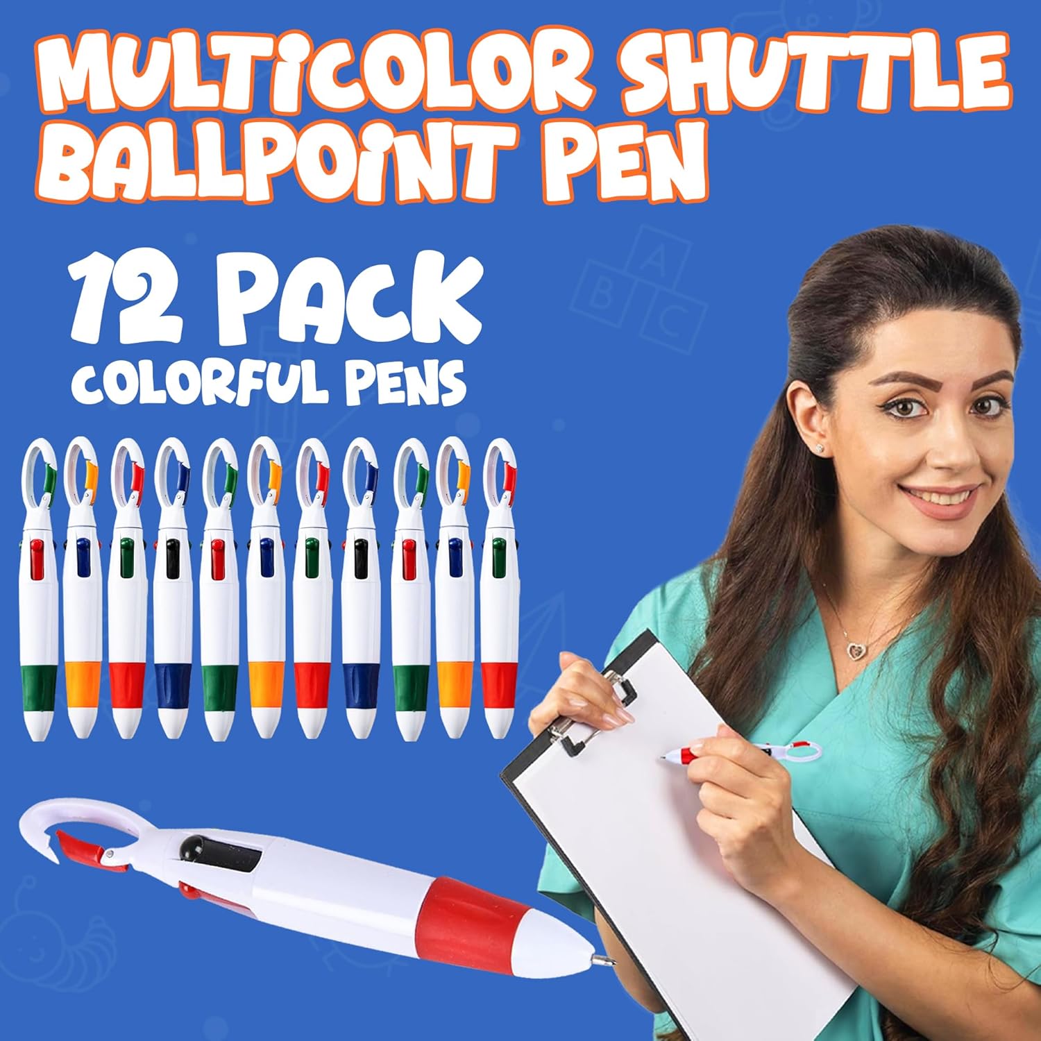 Retractable Shuttle Pens with Carabiner Clip - Pack of 12 Bulk Mini 4-in-1 Multi-Colored Ink Ballpoint Pens with Keychain for Adults, Kids, Nurses, School โ image 2