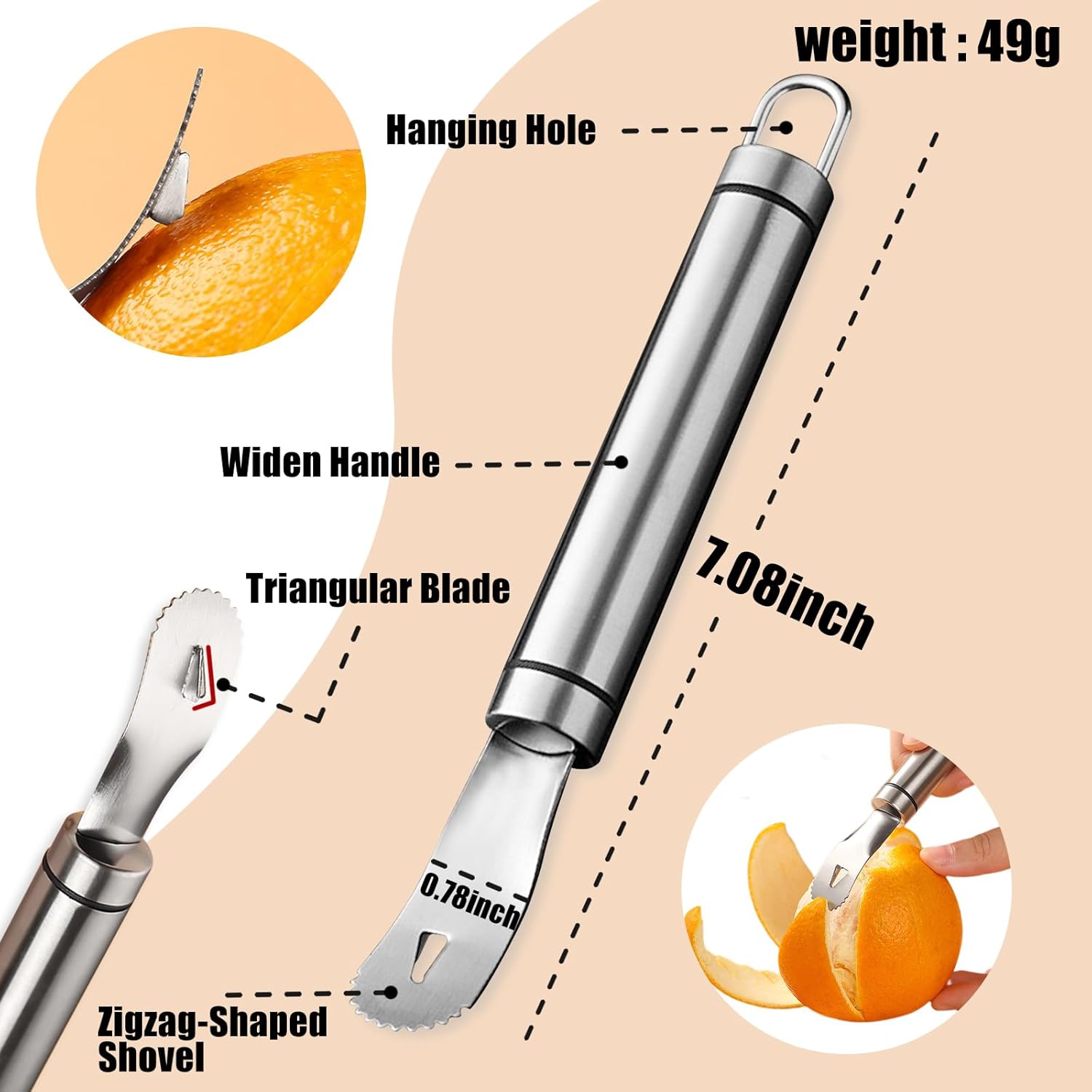Stainless Steel Orange Peeler,with Handle Orange Citrus Peeler Tool Easy Orange Peeler Triangle Shovel and Serrated Shovel Orange Peeler Kitchen Gadgets,with — image 2