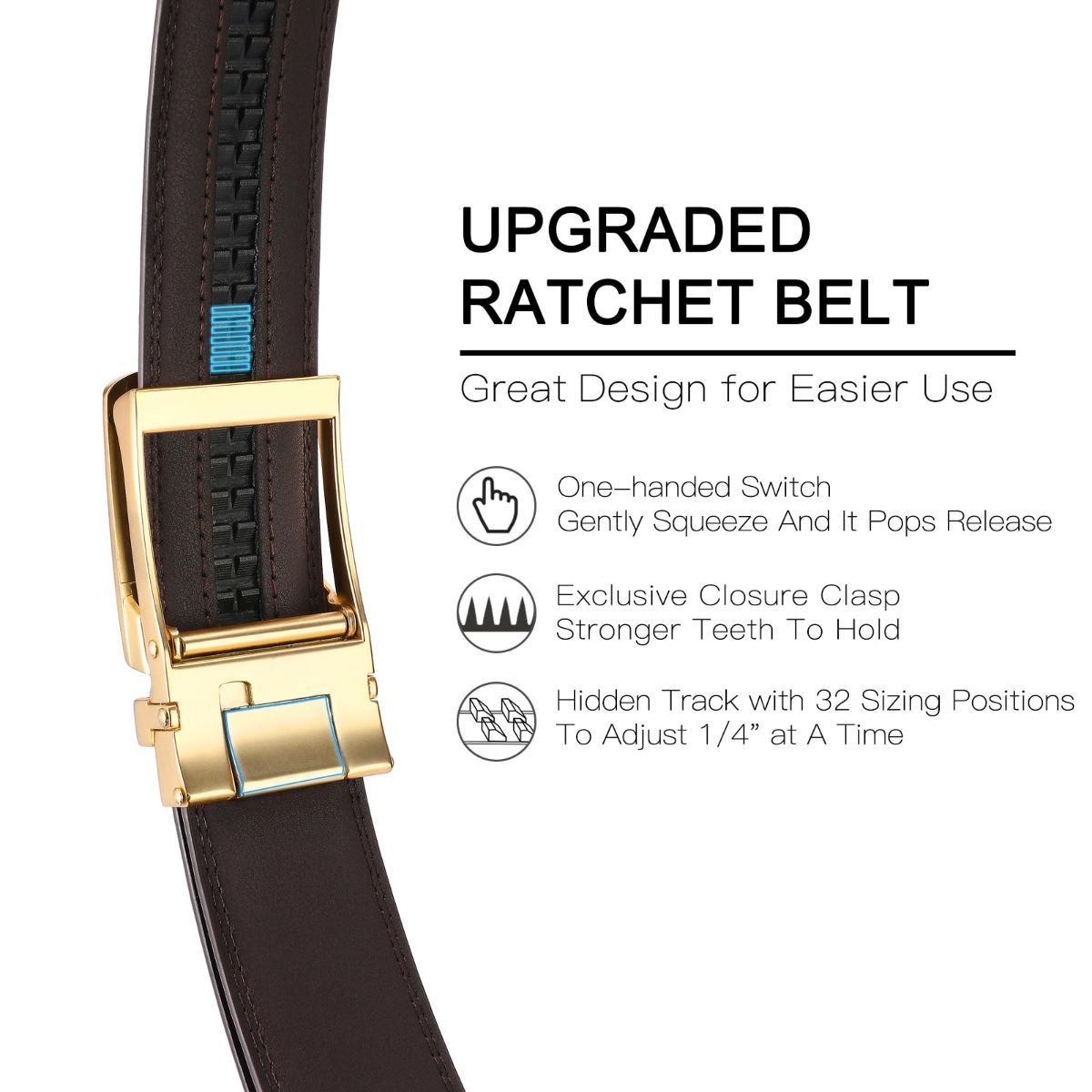 Ratchet Belt for Men Genuine Leather - Micro-Adjust Buckle Trim to Fit Dress Belt Casual to Formal Gift Boxed - Basic Gold - Brown - Size 34"-42" — image 4