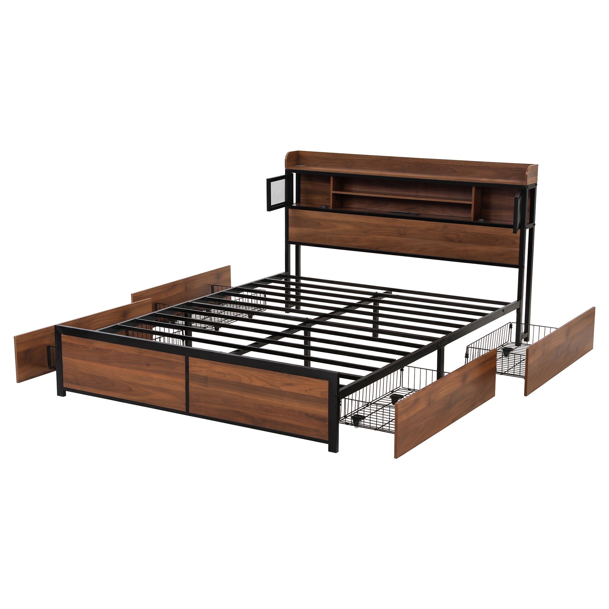 Artiss Queen Bed Frame with Charging Station 4 Drawers Storage Oak โ image 4