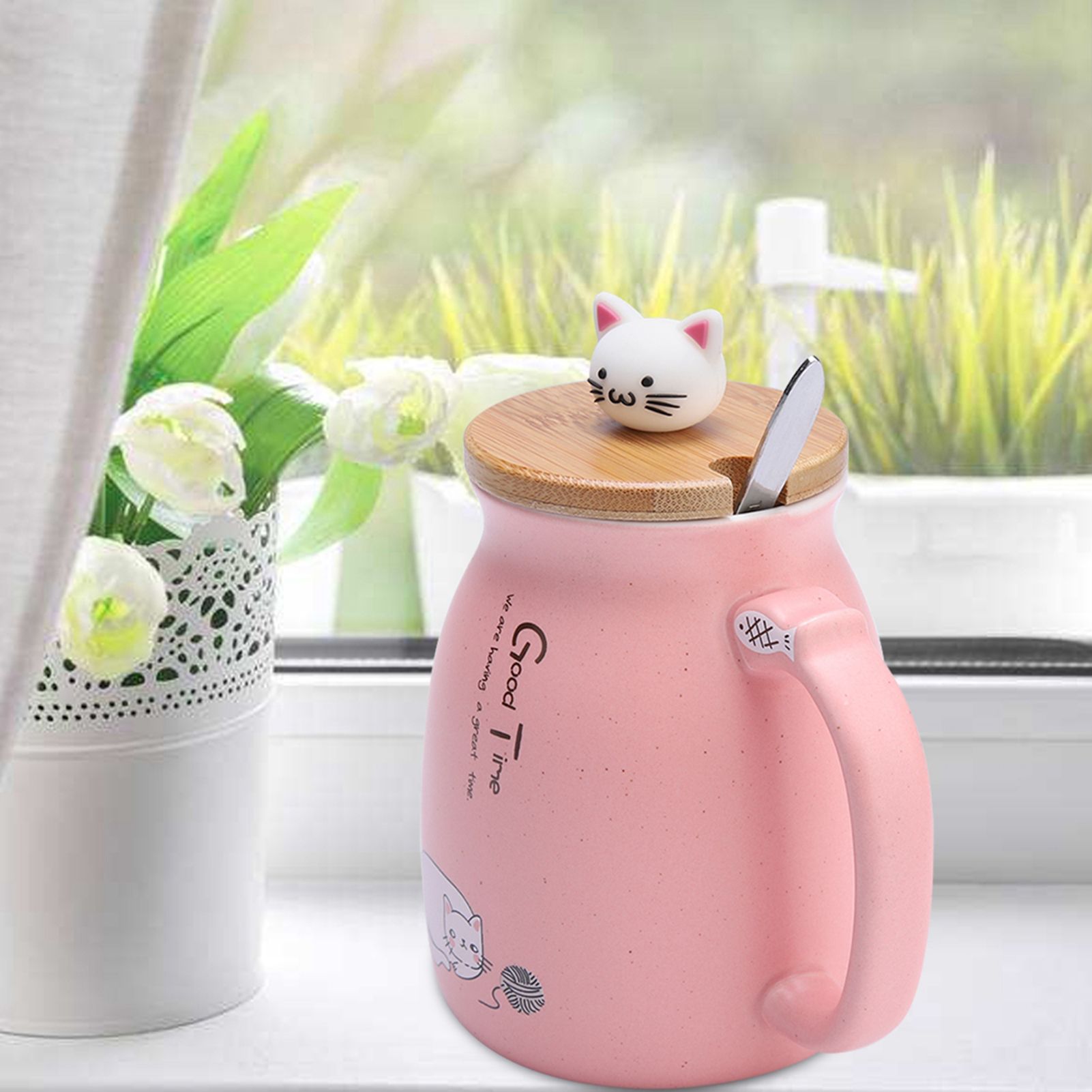 1Pc Lovely Cat Ceramic Cup with Spoon and Lid Coffee Water Milk Mug for Drinkware Gift(Pink) — image 6