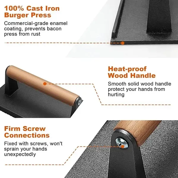 Heavy Duty Cast Iron Smash Burger Press Set with Ergonomic Wooden Handle and Ribbed Base for BBQ Griddles and Home Cooking โ image 3