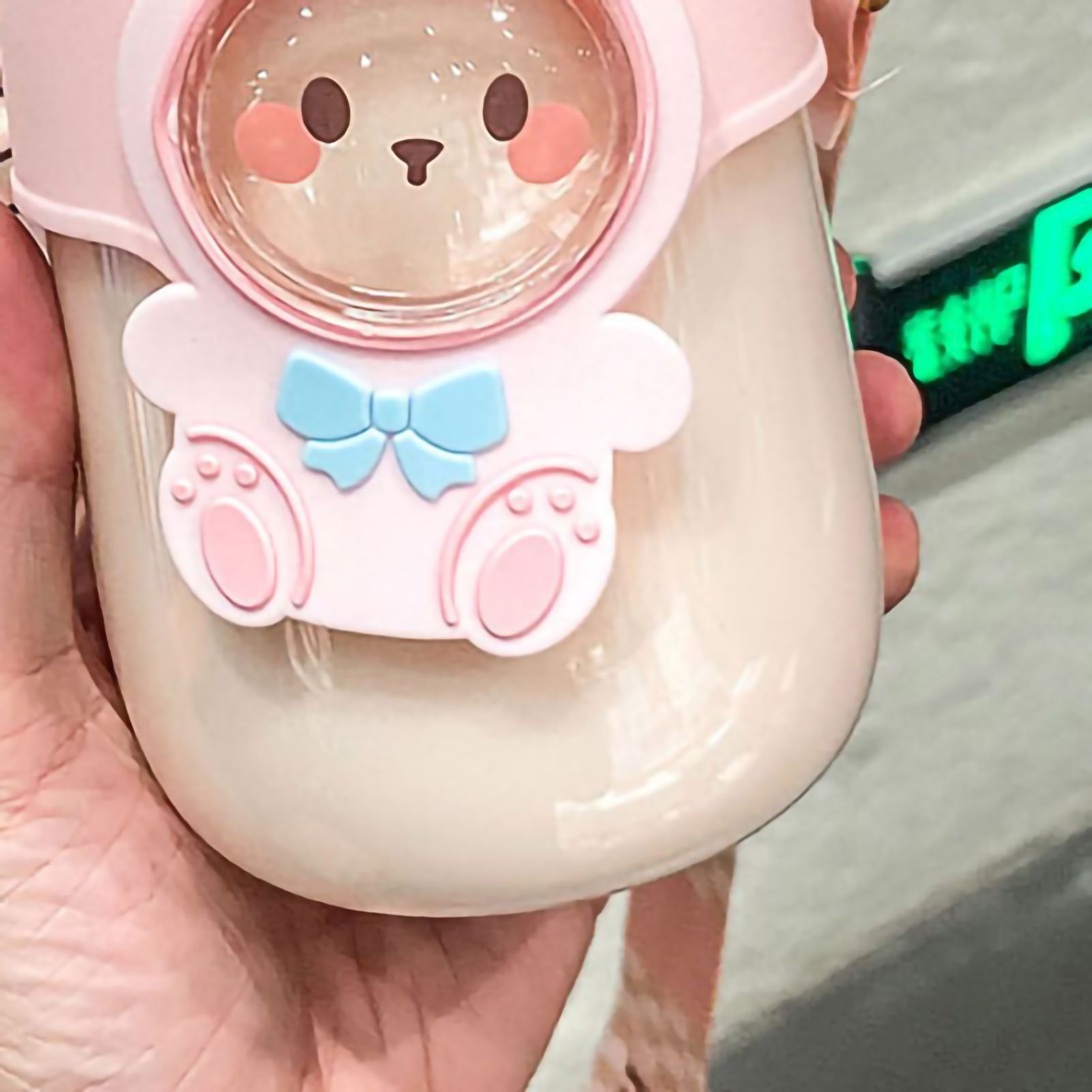 Soft Straw Drinking Cup Portable Plastic Sippy Cup Cartoon Pattern Water Bottle with Strap Pink — image 2