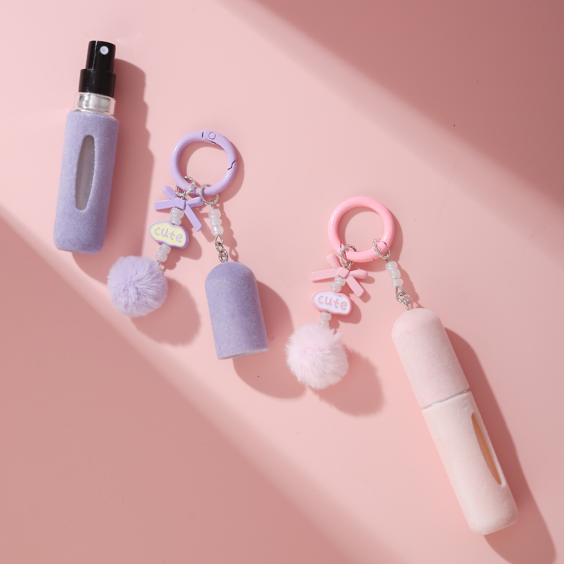 Pink 3 Pack Plush Perfume Atomiser Keychain - 5ml Portable Refillable Spray Bottle with Pom Bag Charm โ image 3