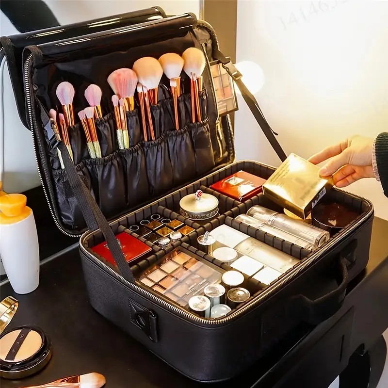 **Large Waterproof Makeup Organizer: Adjustable Dividers, Detachable Brush Holder, Multi-Compartment Design, Portable & Moisture-Resistant, Professional