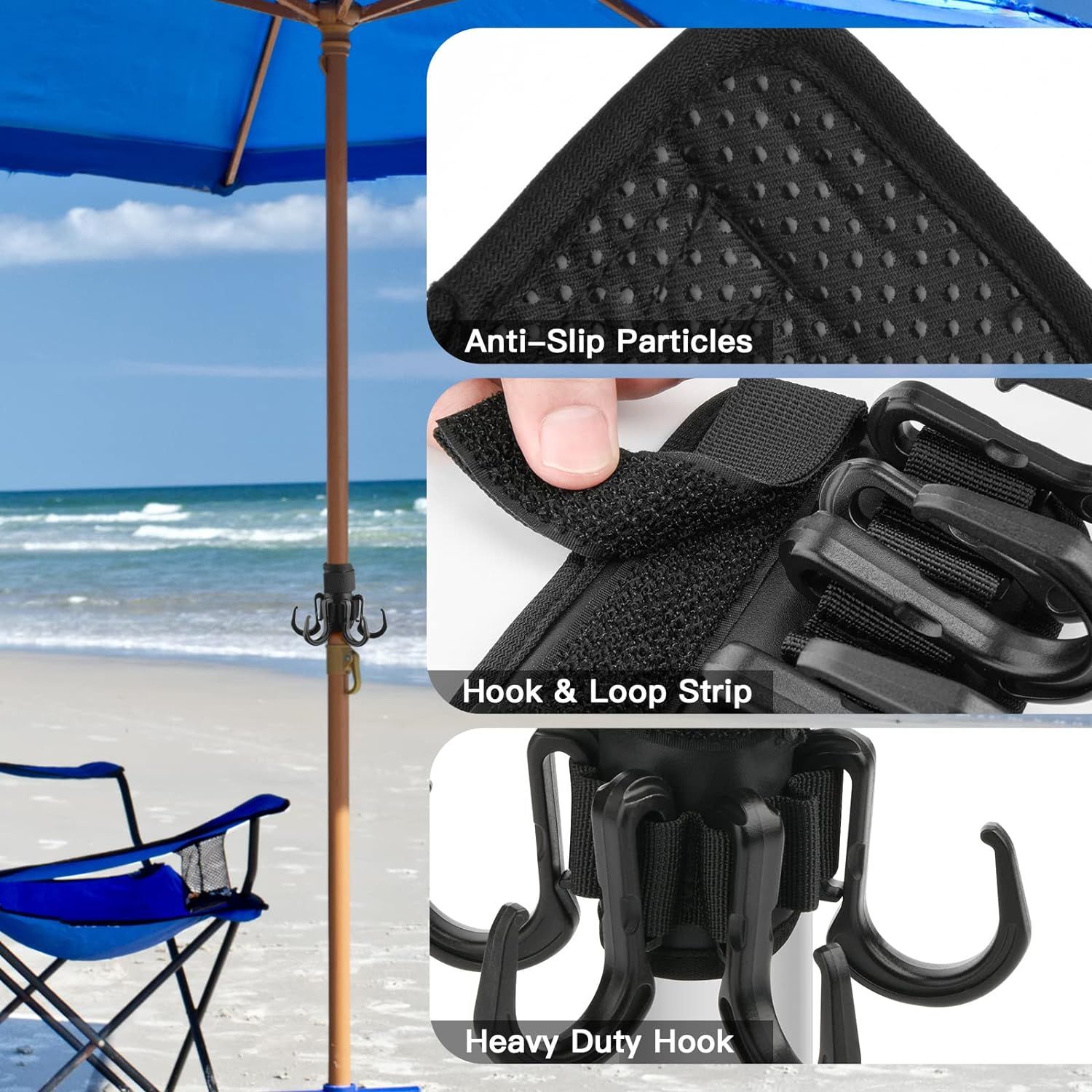 Beach Umbrella Hanging Hook, Anti Slip Backyard Umbrella Hanging Hook with 4 Hooks for Towels, Camera, Sunglasses, Hats — image 5