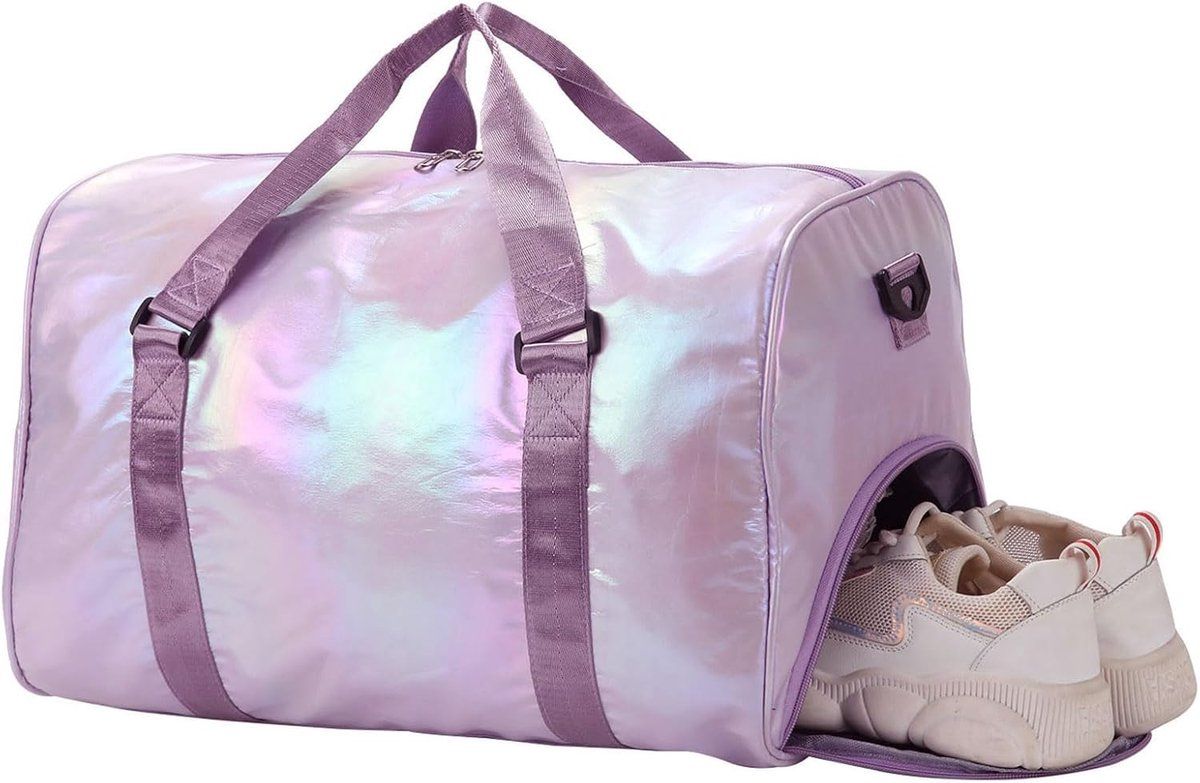 Womens Sports Gym Duffle Bag With Shoe Compartment And Wet Dry Pocket, Polyester Travel Weekend Bag For Fitness Swimming, Purple, 48 x 26 x 39 cm โ image 3