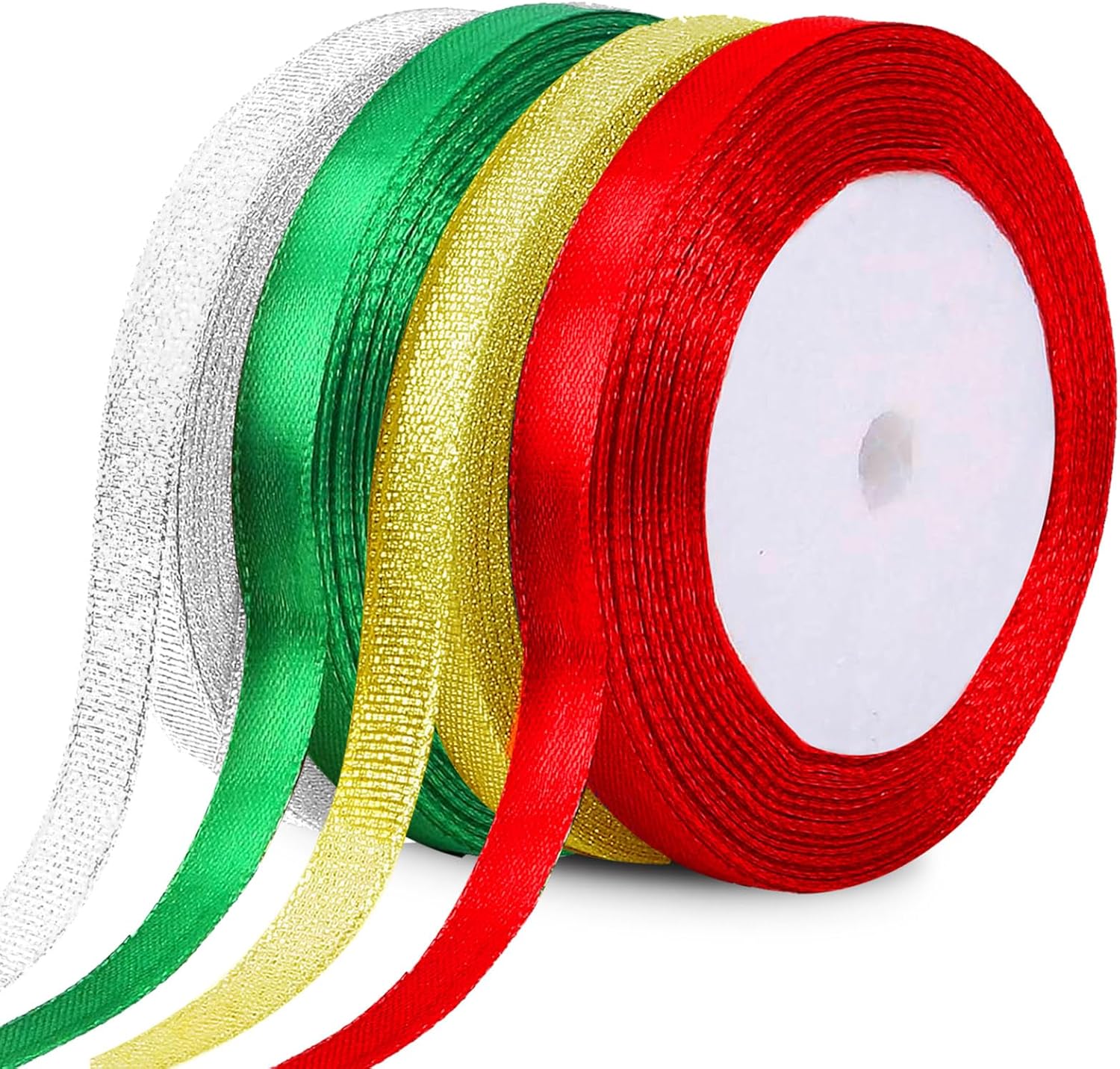 4Color Curling Ribbons for Crafts Satin Glitter Ribbon Gift Wrapping Supplies Christmas Wedding Party Decoration Sewing Hair Bows Gold, Red, Green, Silver