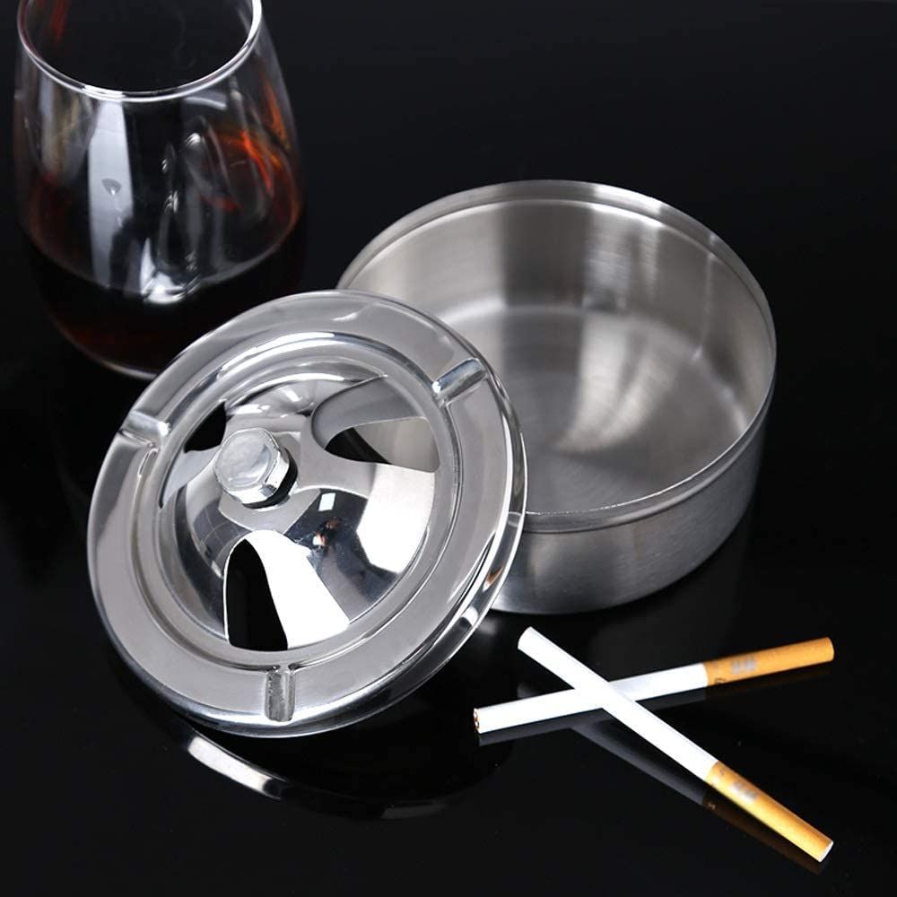 Ashtray Ash Tray 1pc Stainless Steel Ashtray with lid Spinning Lid Windproof Smoking Ash Holder for Smokers Indoor Office Decor โ image 2