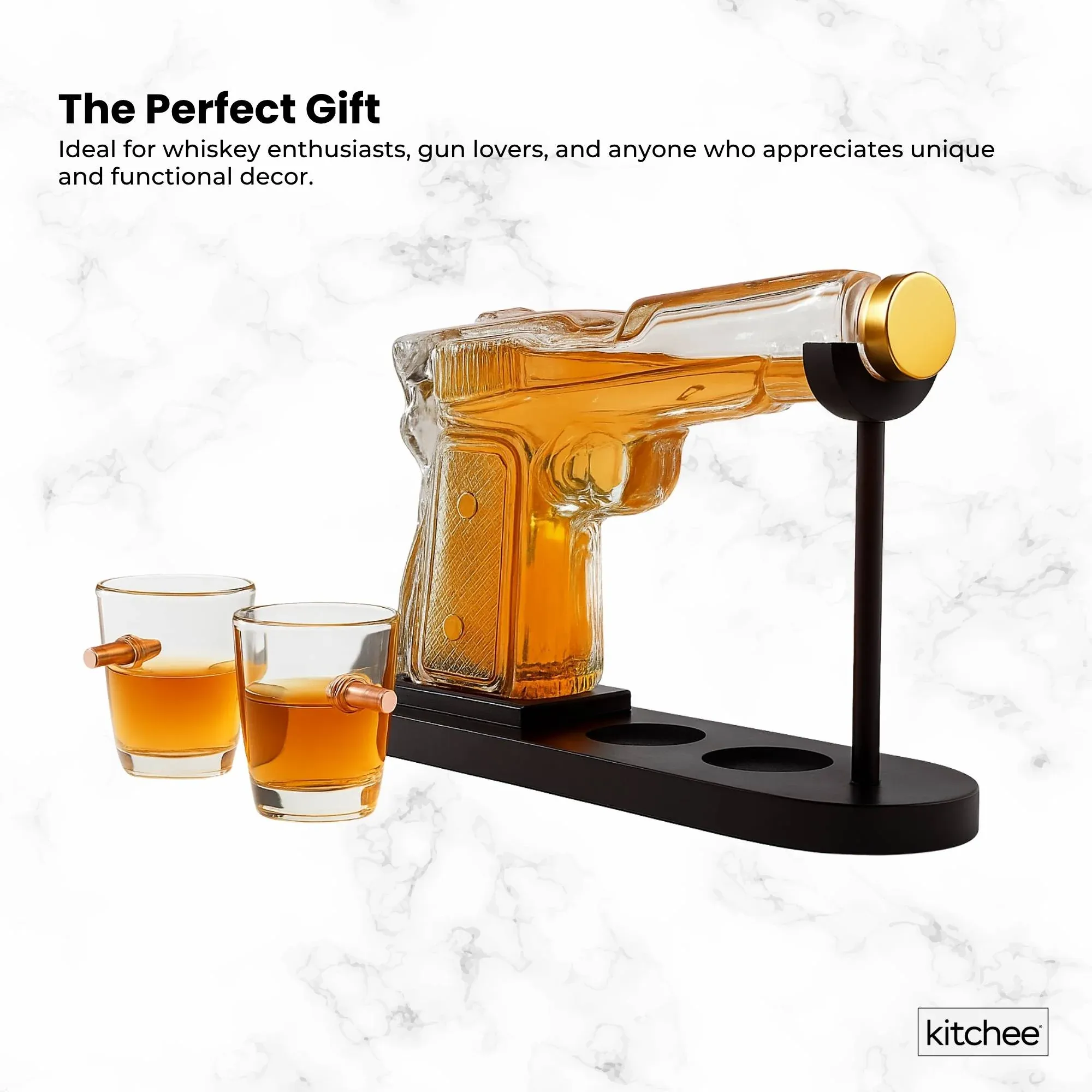 Kitchee 225mL Whisky or Wine Decanter Glass Pistol Set - 2 Glasses + Stand — image 3