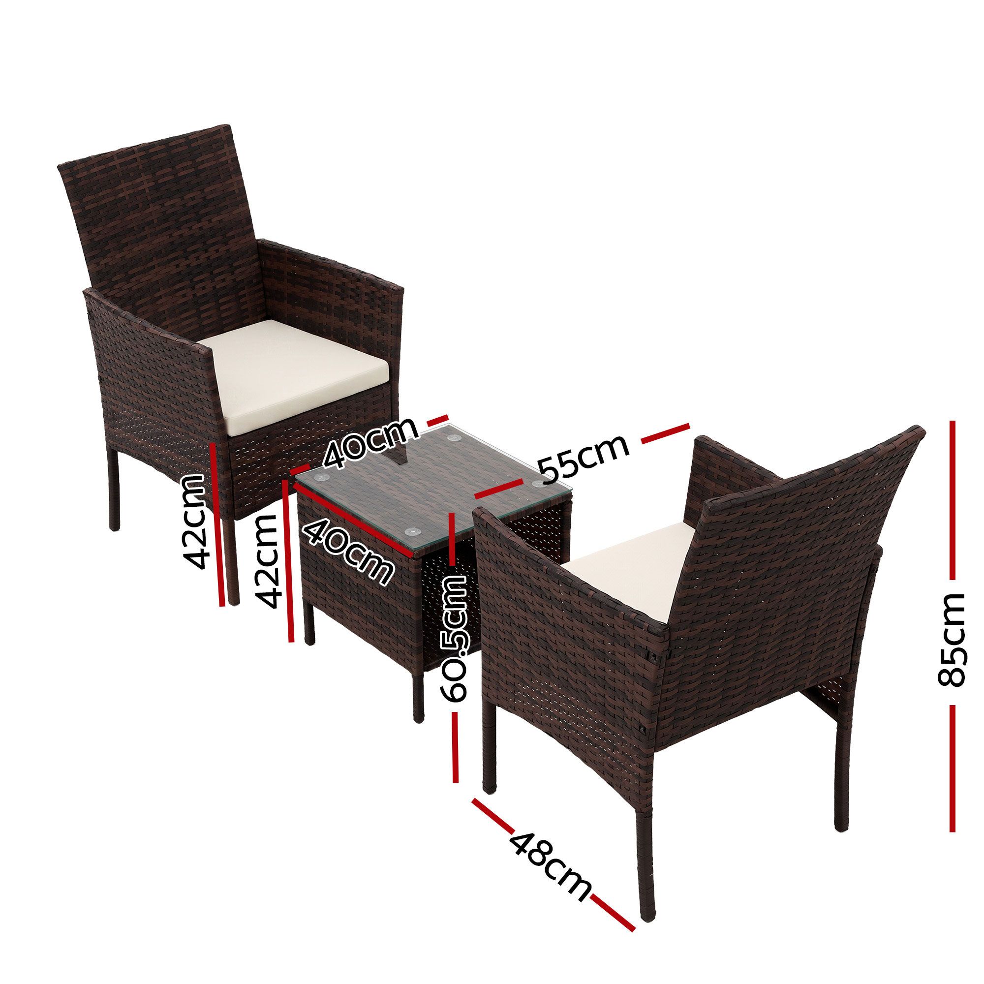 Gardeon 3PC Outdoor Bistro Set Patio Furniture Wicker Setting Chairs Table Cushion Brown — image 2