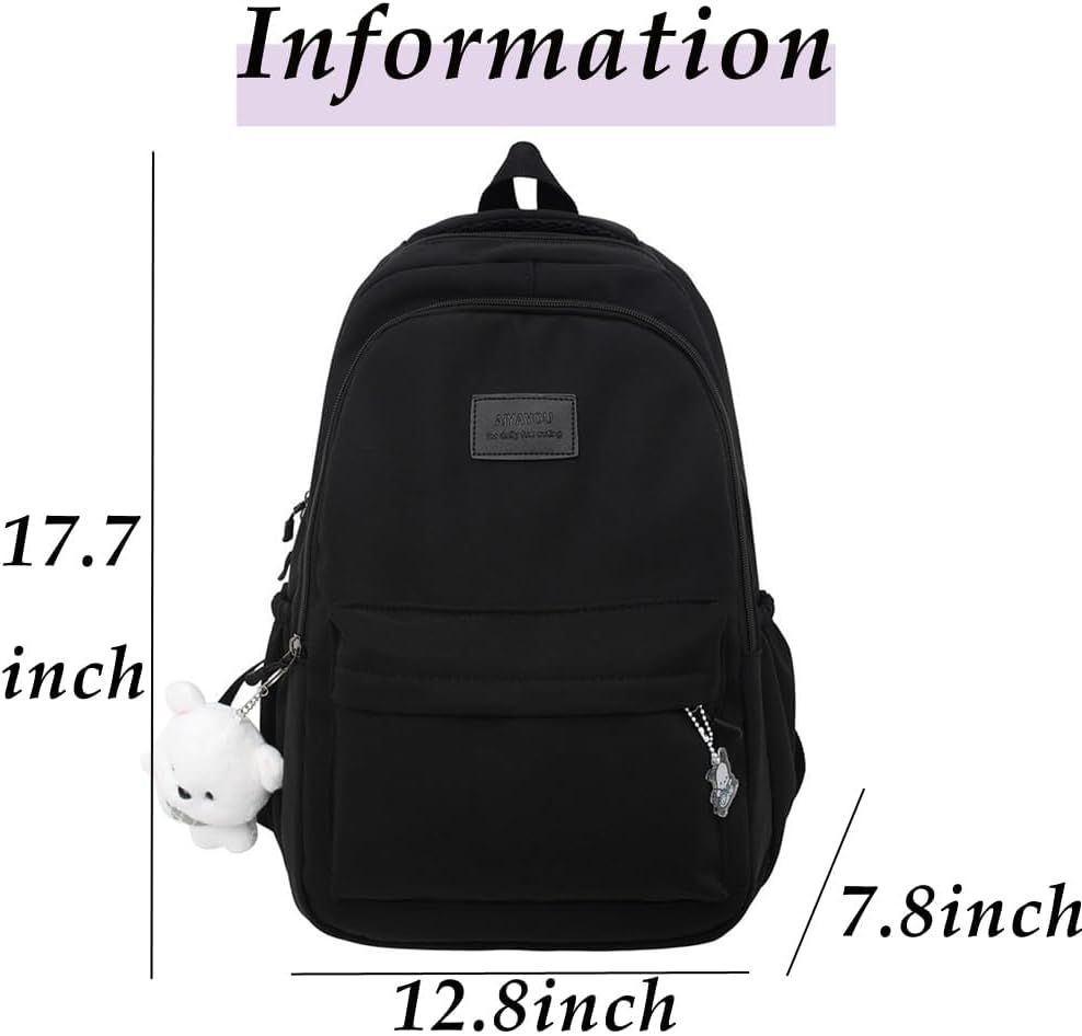 Nylon Kawaii Water-Resistant Lightweight Backpack for Women Cute Laptop Daypack Traveling Daily Bag (Black)