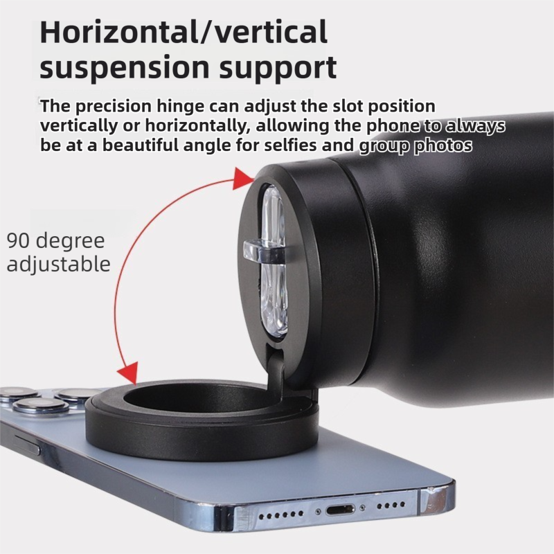 Black 24oz Stainless Steel Insulated Water Bottle With 90° Adjustable Vertical/Horizontal Magnetic Phone Holder - Ringo Style Magnetic Lid Sport Flask — image 3