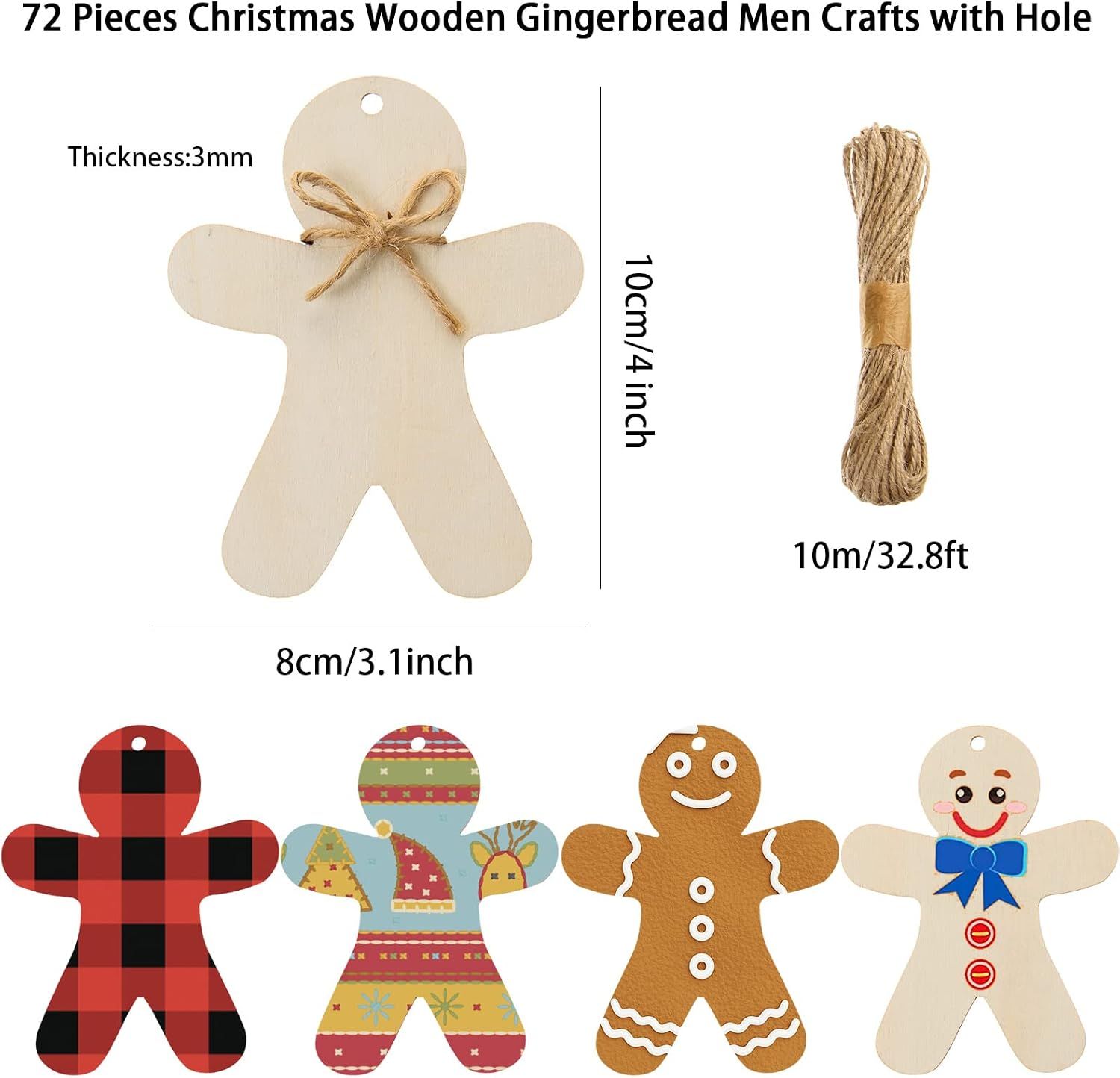 72 Pcs Wooden Gingerbread Man Ornaments Crafts Unfinished Christmas Wood Tags with Ropes Natural Blank Wooden Gingerbread Man Shapes Cutouts for DIY Crafts — image 2